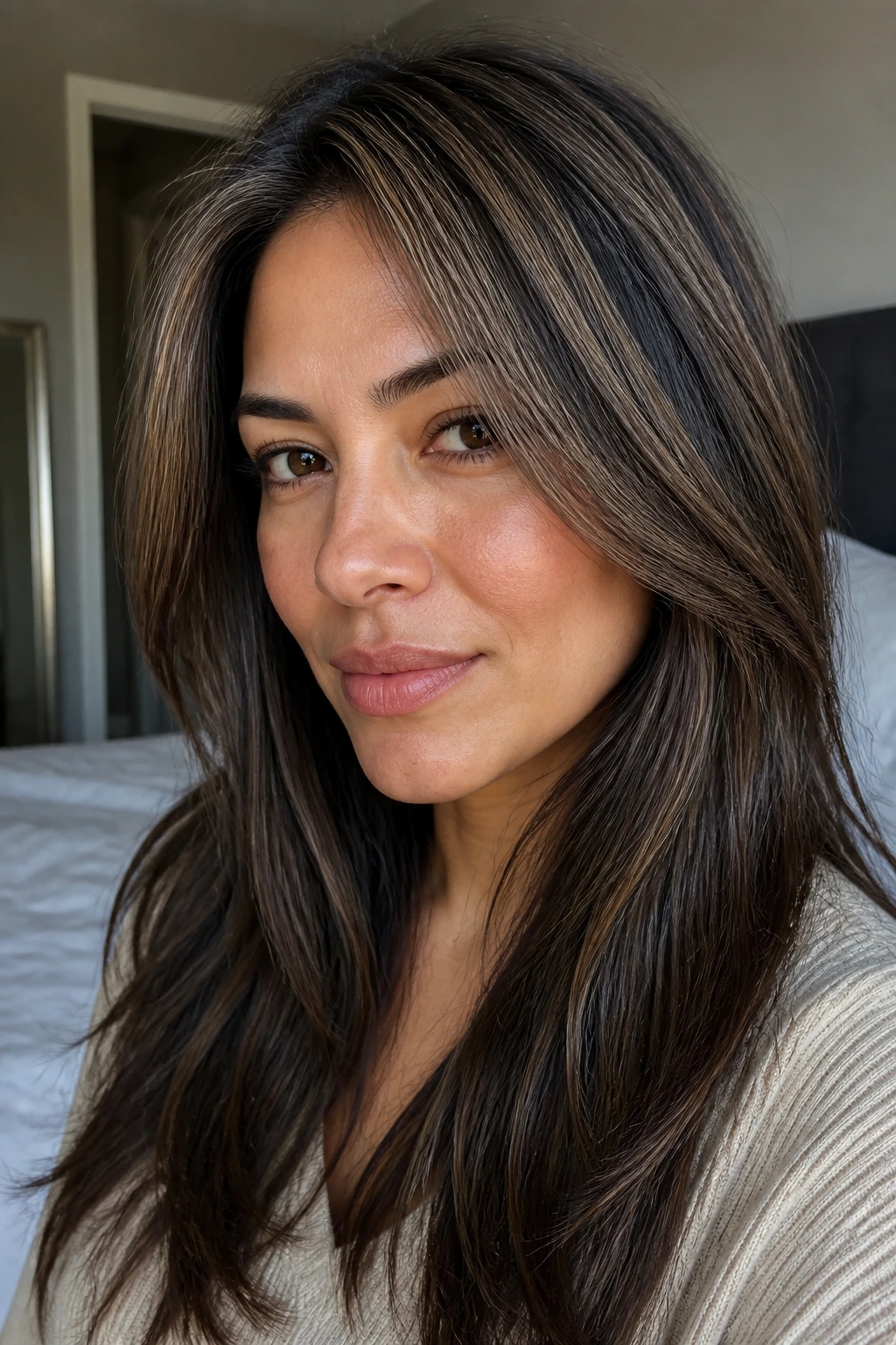 Close-up portrait of a real woman with truffle brown ribbons in fine hair