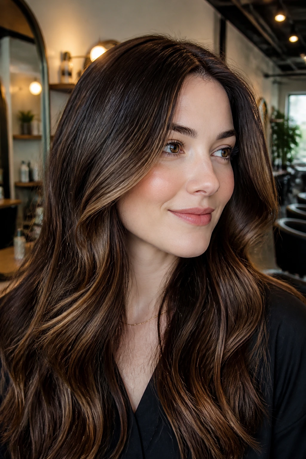 Close-up portrait of a real woman with glossy truffle brunette balayage