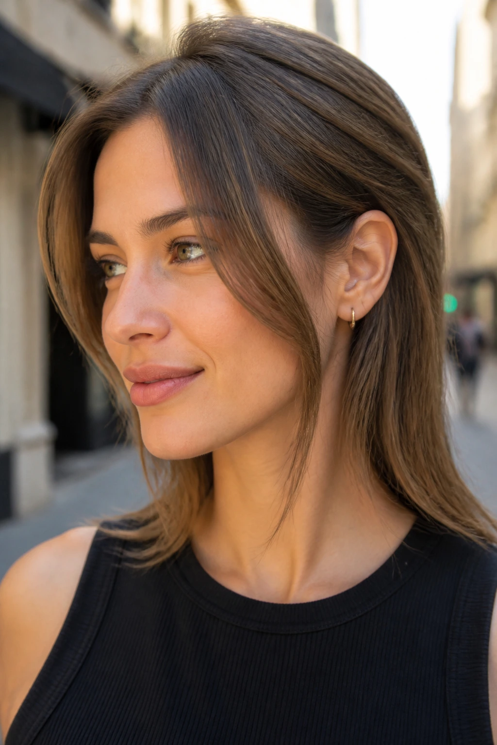 Real woman with tuck-behind-the-ear layers visible from a side-front portrait.