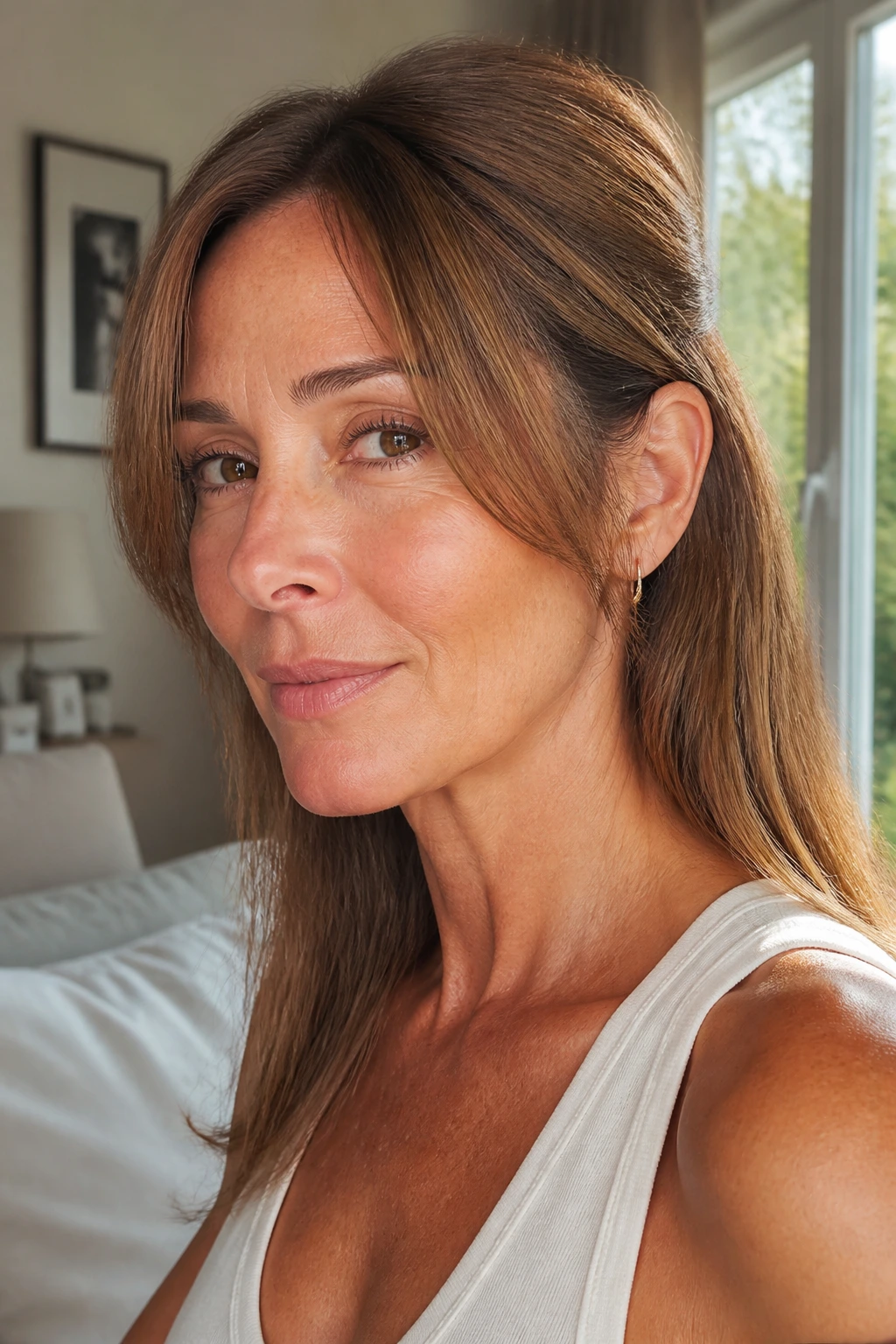 Close-up of a real woman with tuck-behind-ear fringe and cheekbone-length wrap behind the ear