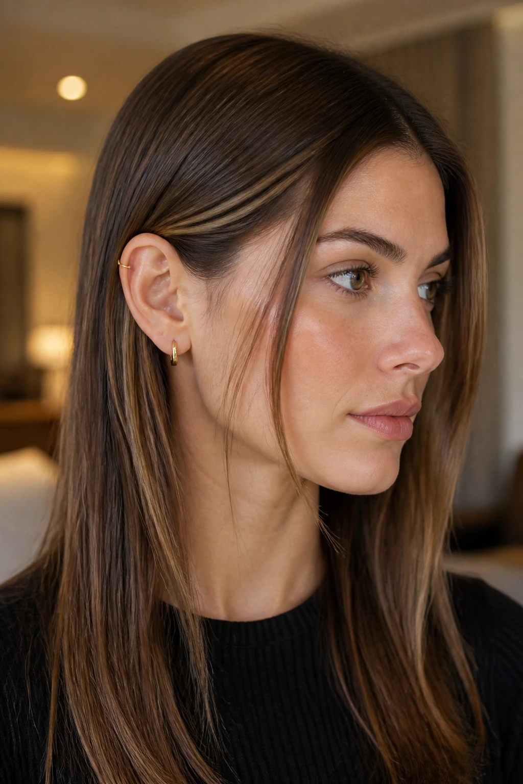 Real woman with a sleek tuck-behind-ear hairstyle and jawline pieces