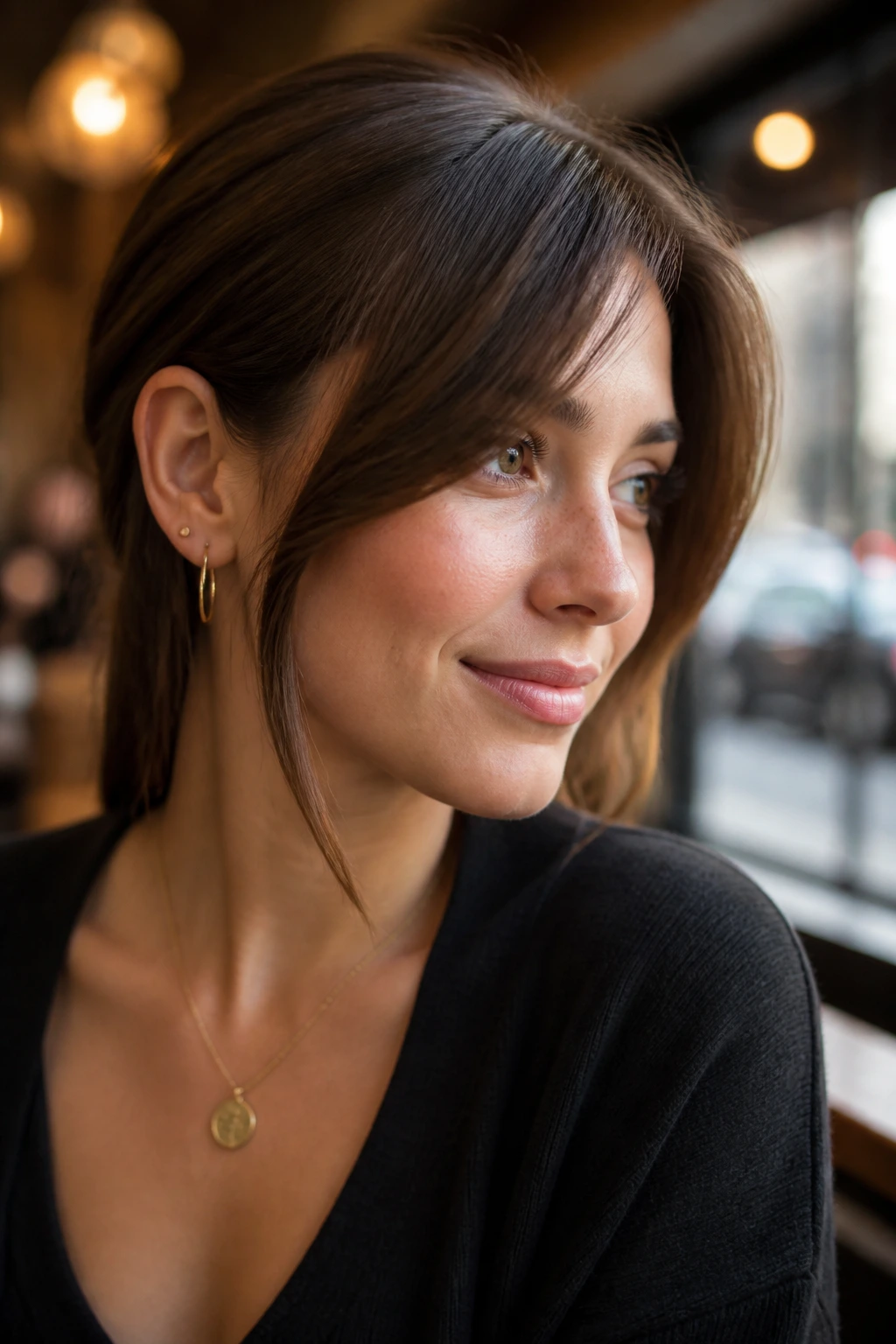 Close-up portrait of a real woman showing tuck-behind-ear sweep in warm cafe lighting