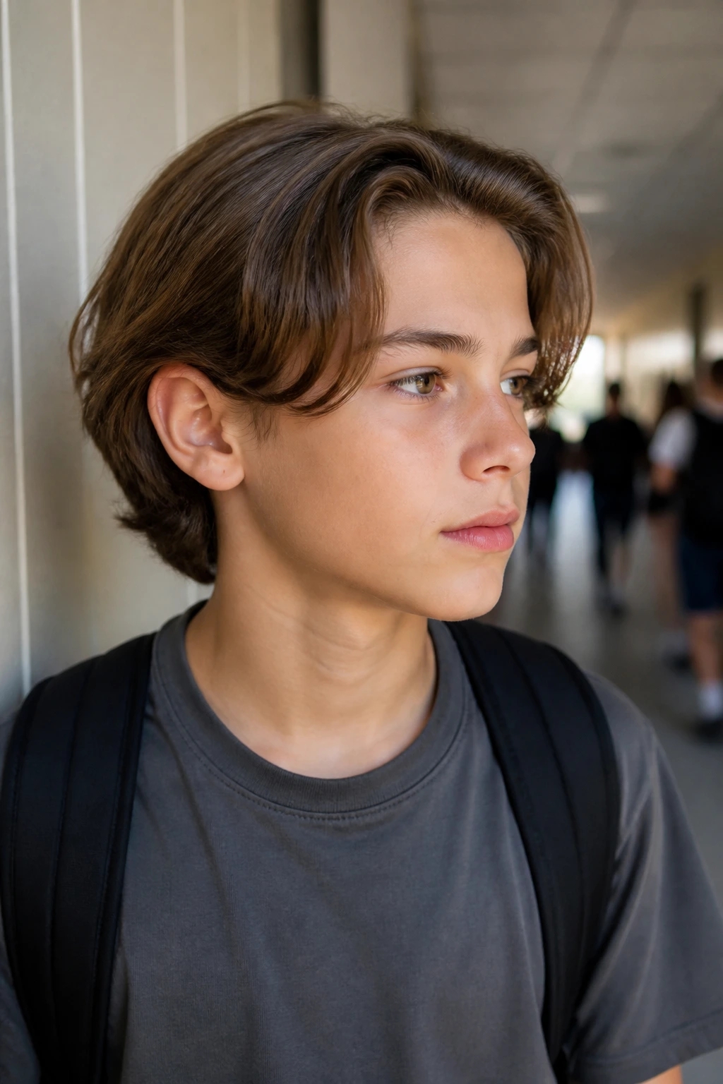 Close-up portrait of a real boy with tucked-behind-ears school cut and soft jaw-length layers.
