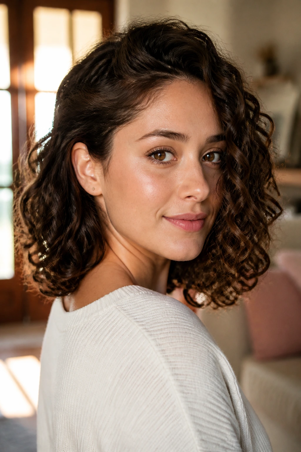 Close-up of shoulder-length curls tucked behind one ear on a real woman