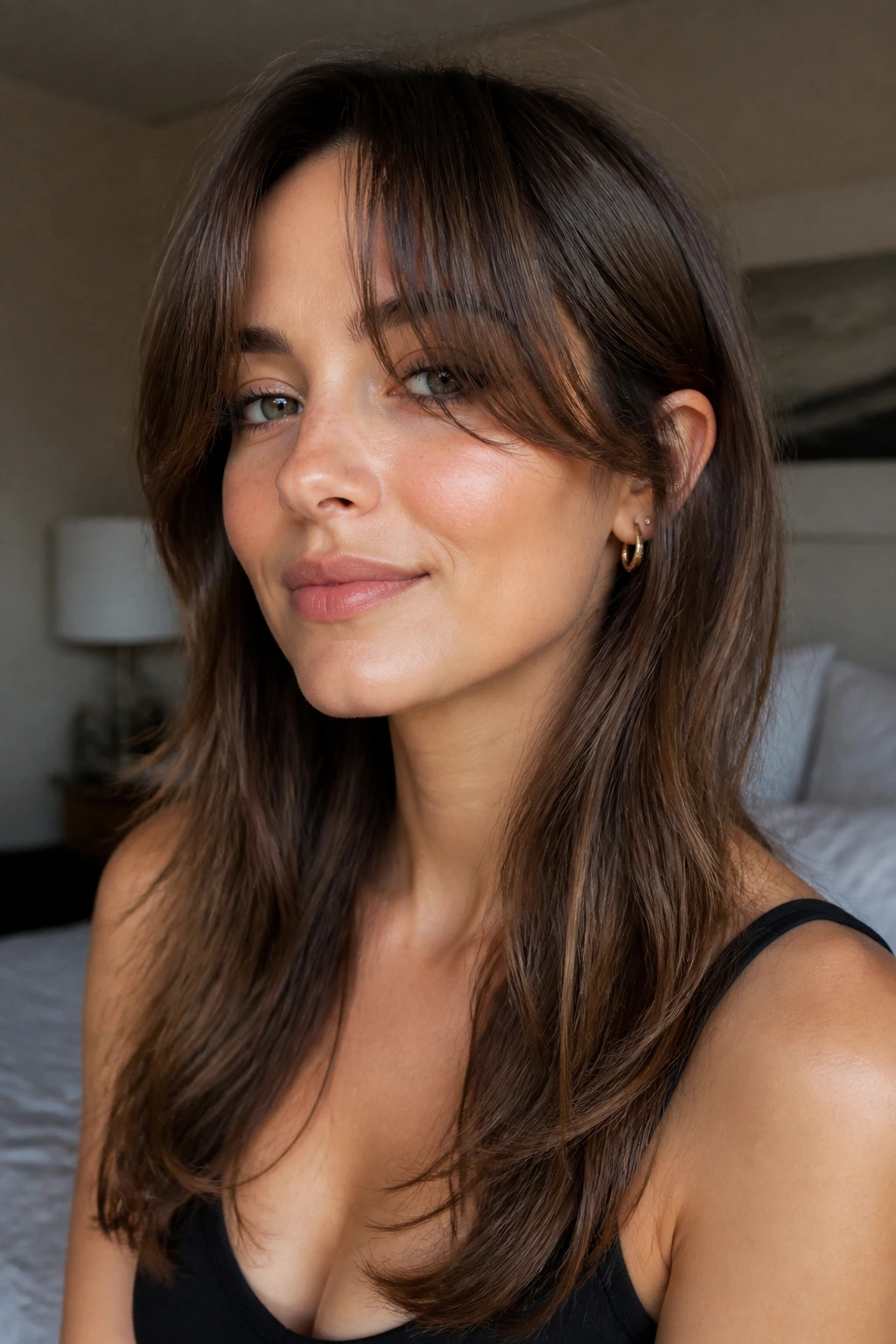 Close-up portrait of a real woman with tuck-friendly layers and long curtain bangs in window light