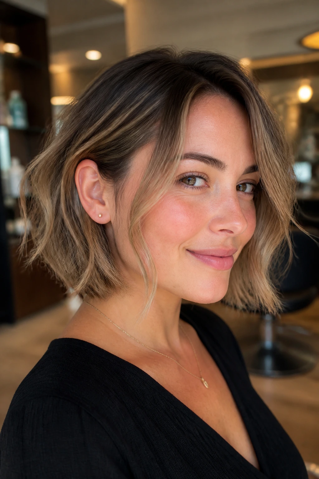 Close-up of a real woman with a tucked-back lob and face-grazing layers, soft waves.