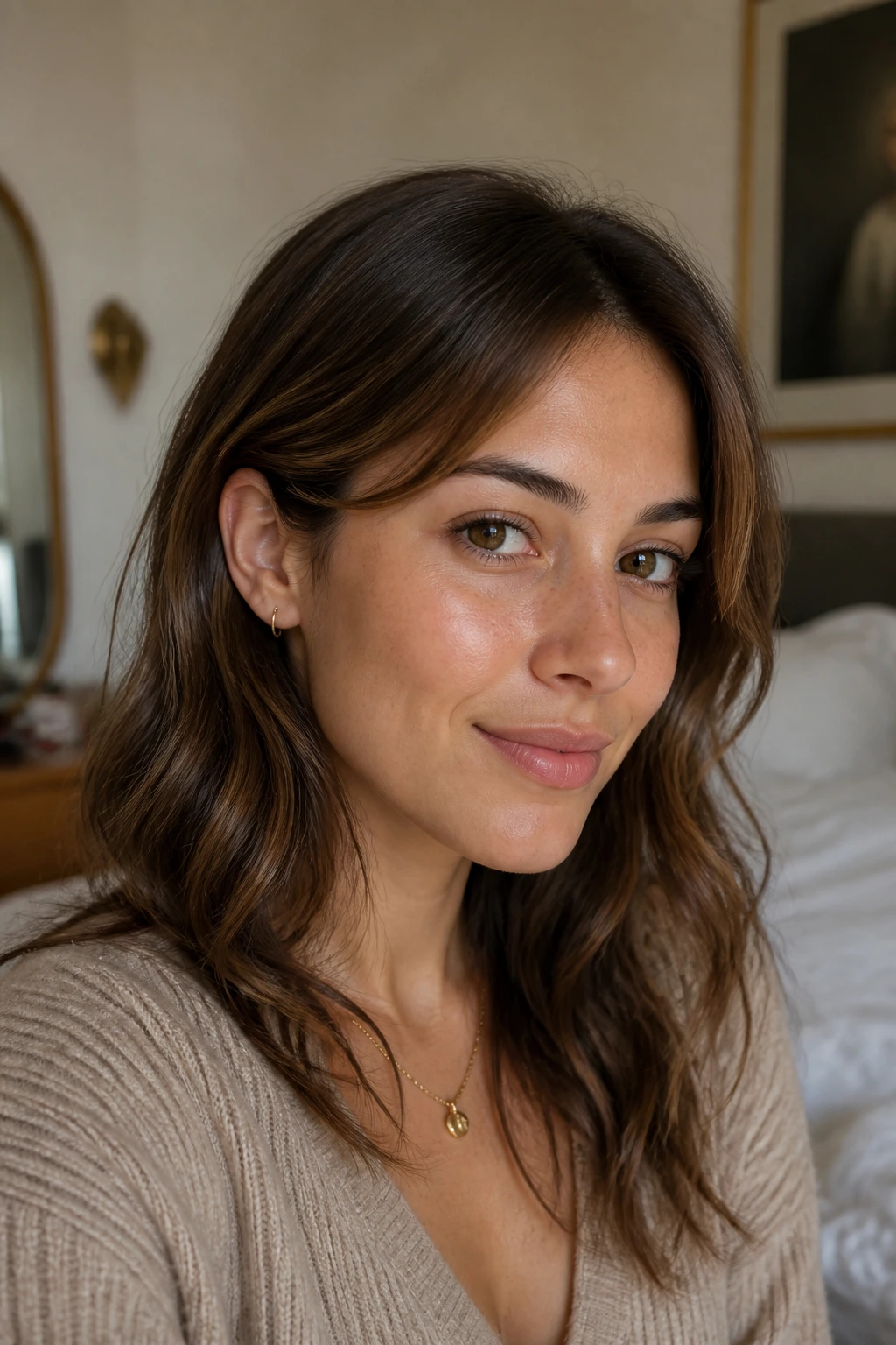 Close-up of a real woman with bangs tucked behind the ear for an easy lift.