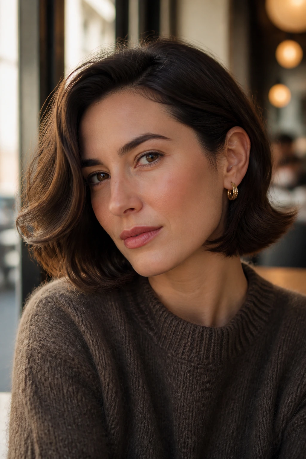 Real woman with tucked-behind-ear bob in soft cafe light.