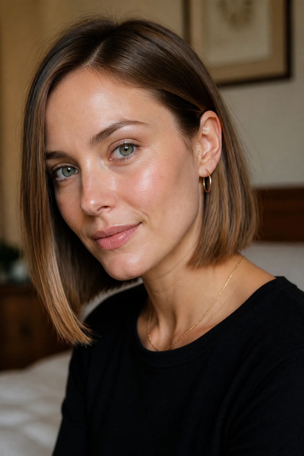 Real person with tucked-behind-ear bob showing open cheekbone and defined jawline