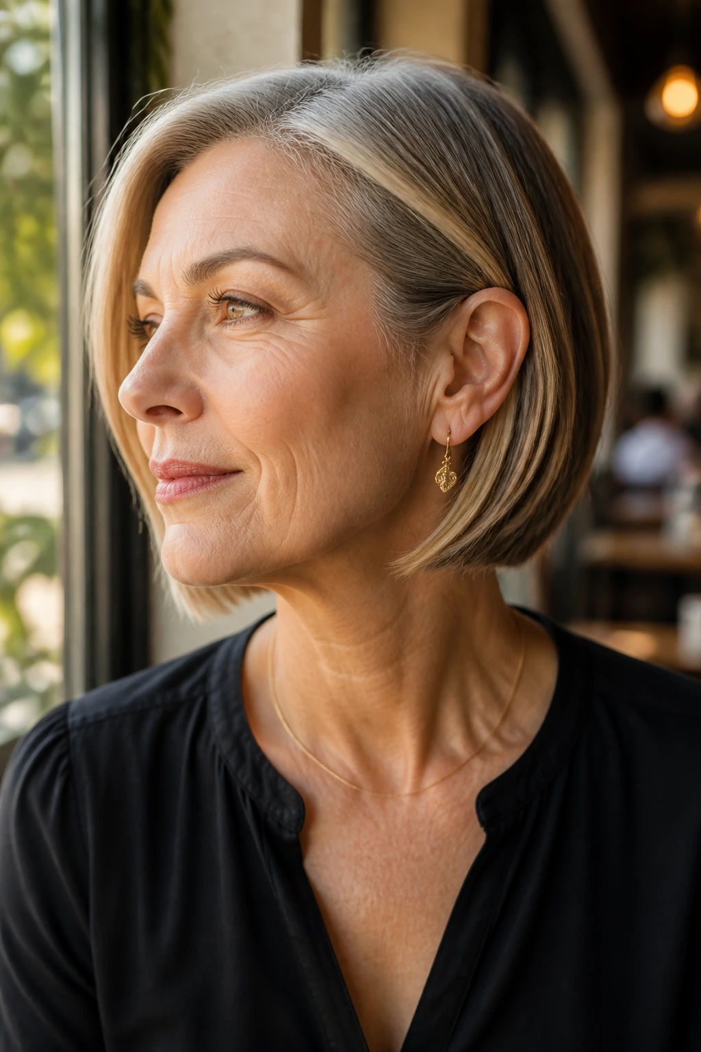 Tucked-behind-the-ear bob on real woman with cheek-skimming layers