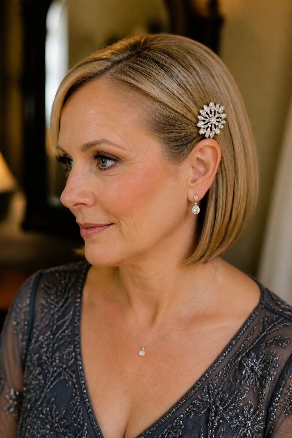 Close-up of a woman with a tucked-behind-the-ear bob and jeweled clip