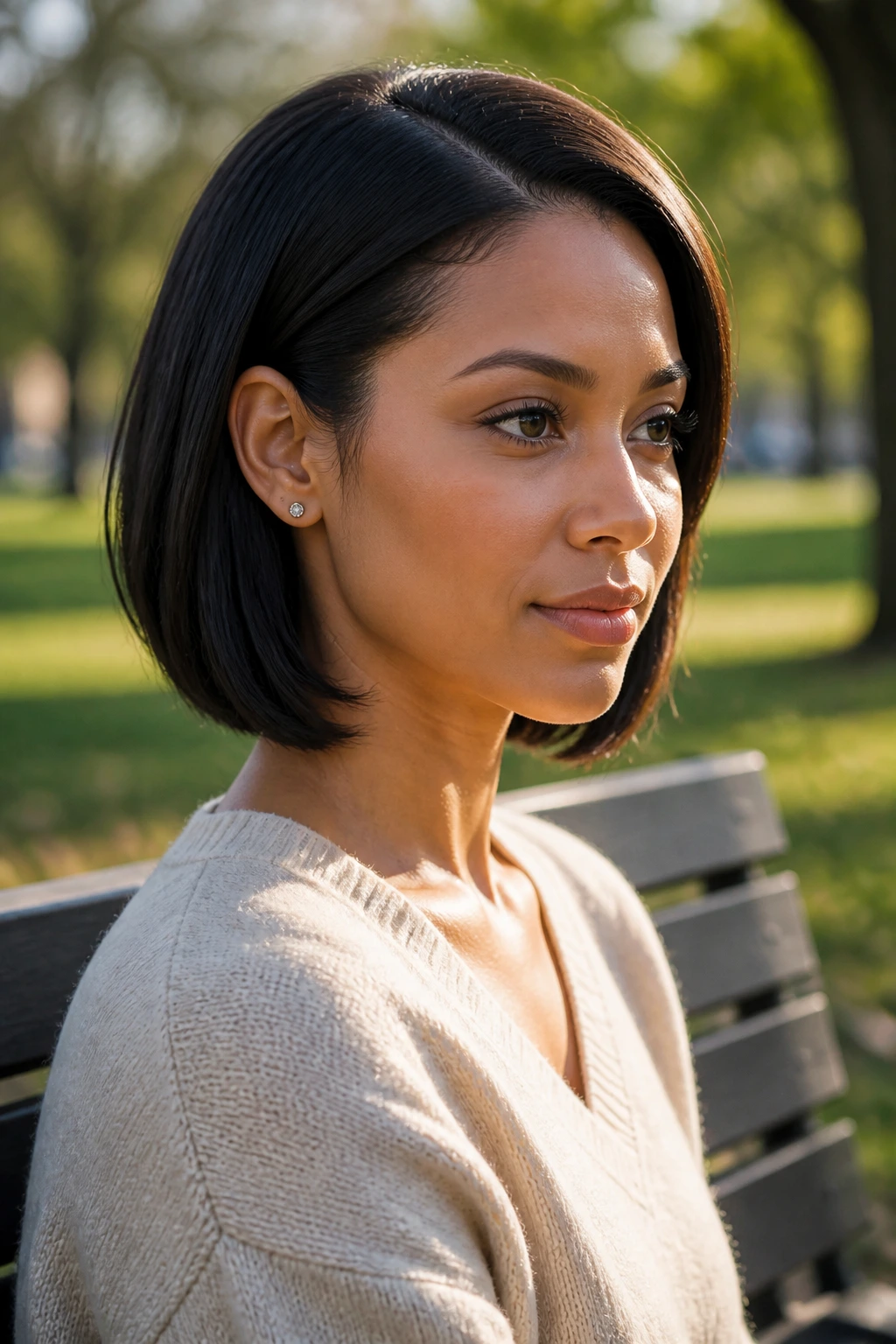Close-up of a real woman with a tucked-behind-ear bob opening the face in a park