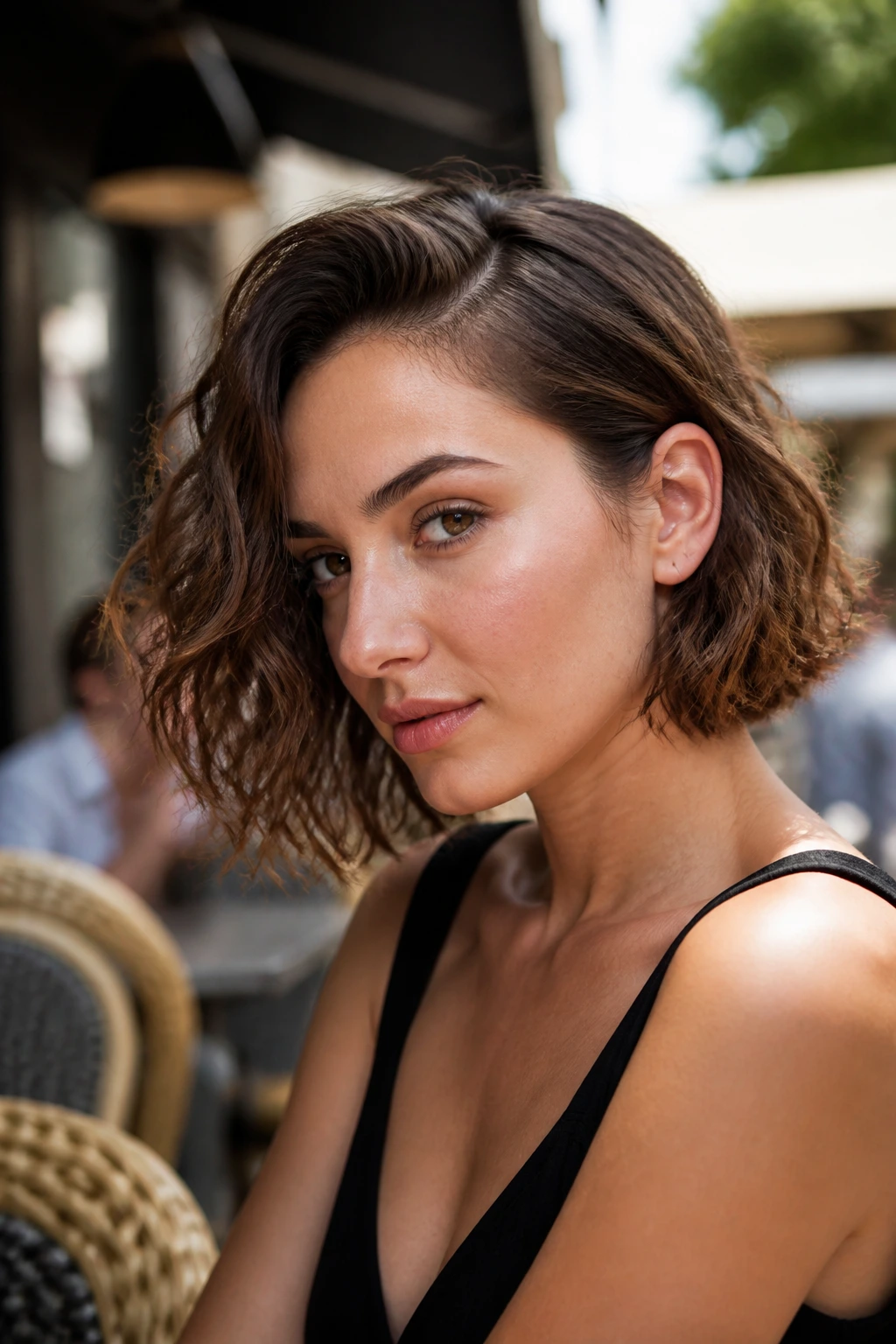 Close-up of a real woman with a tucked-behind-the-ear bob showing cheekbone and root lift.