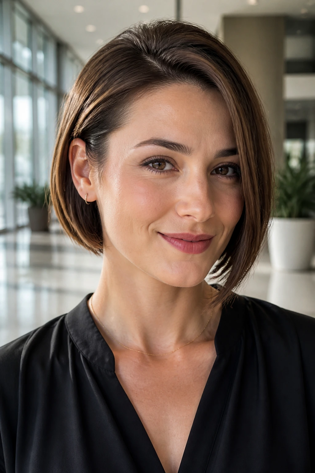 Close-up portrait of a real woman with a tucked-behind-the-ear bob