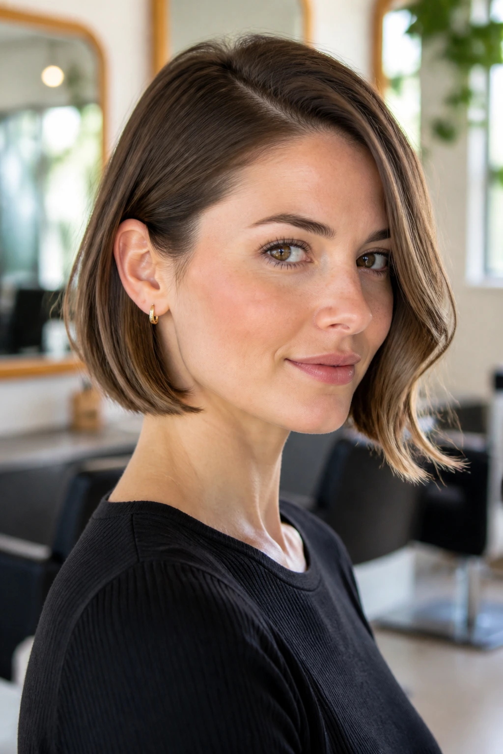Close-up of a woman wearing a tucked-behind-ear bob showing one side tucked behind the ear.