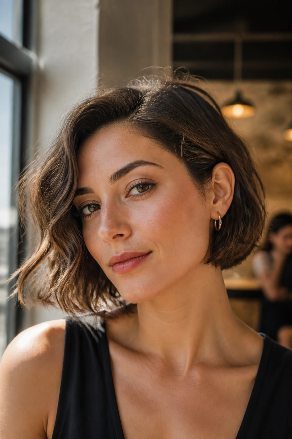 Close-up of a real woman with a tucked-behind-ear bob in a minimalist cafe
