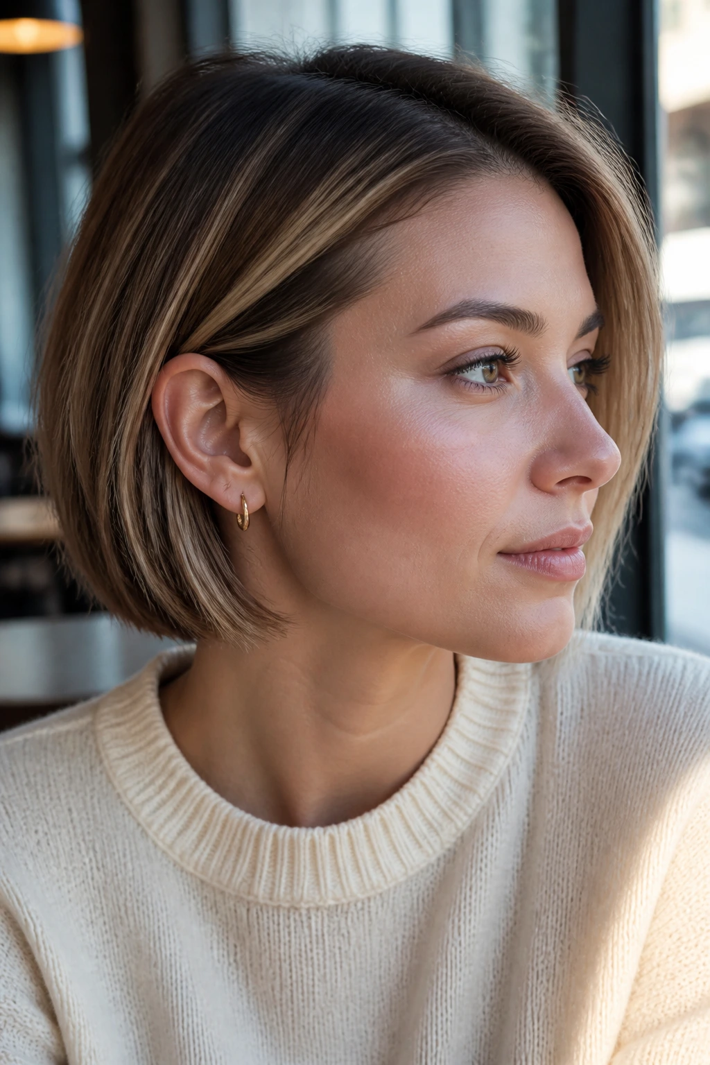 Portrait of a woman with a tucked-behind-ear bob and airy brightness