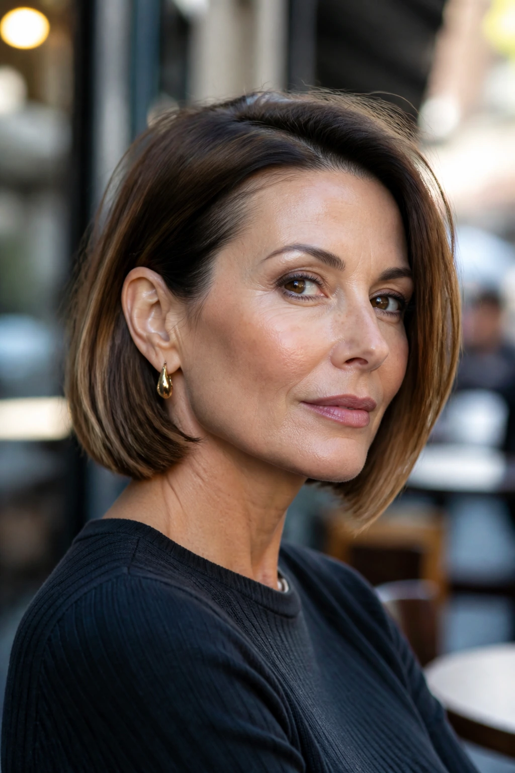 Close-up of a real woman with a tucked-behind-ear bob showing a strong cheek line