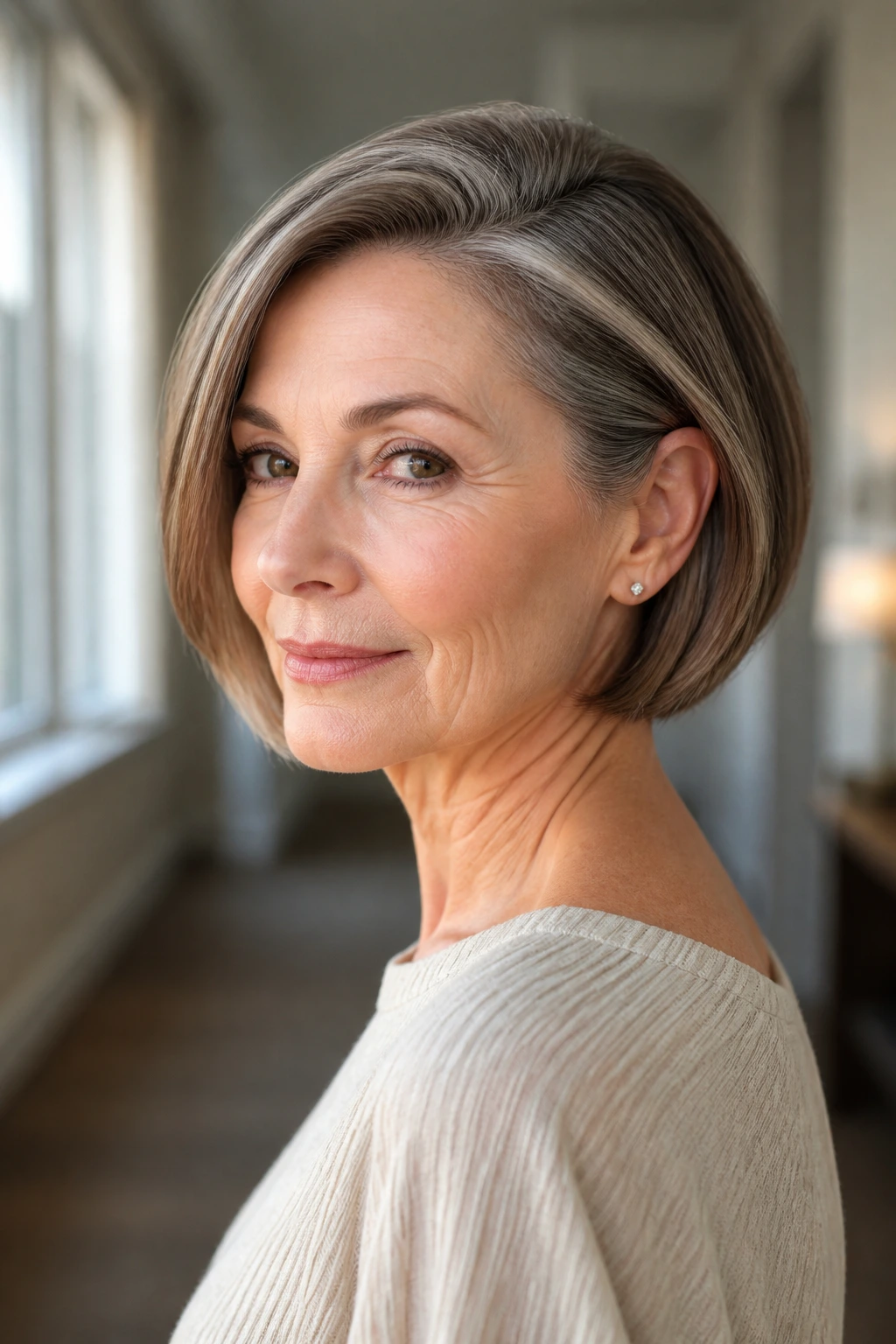 Close-up of a real woman with tucked-behind-ear bob exposing cheekbone