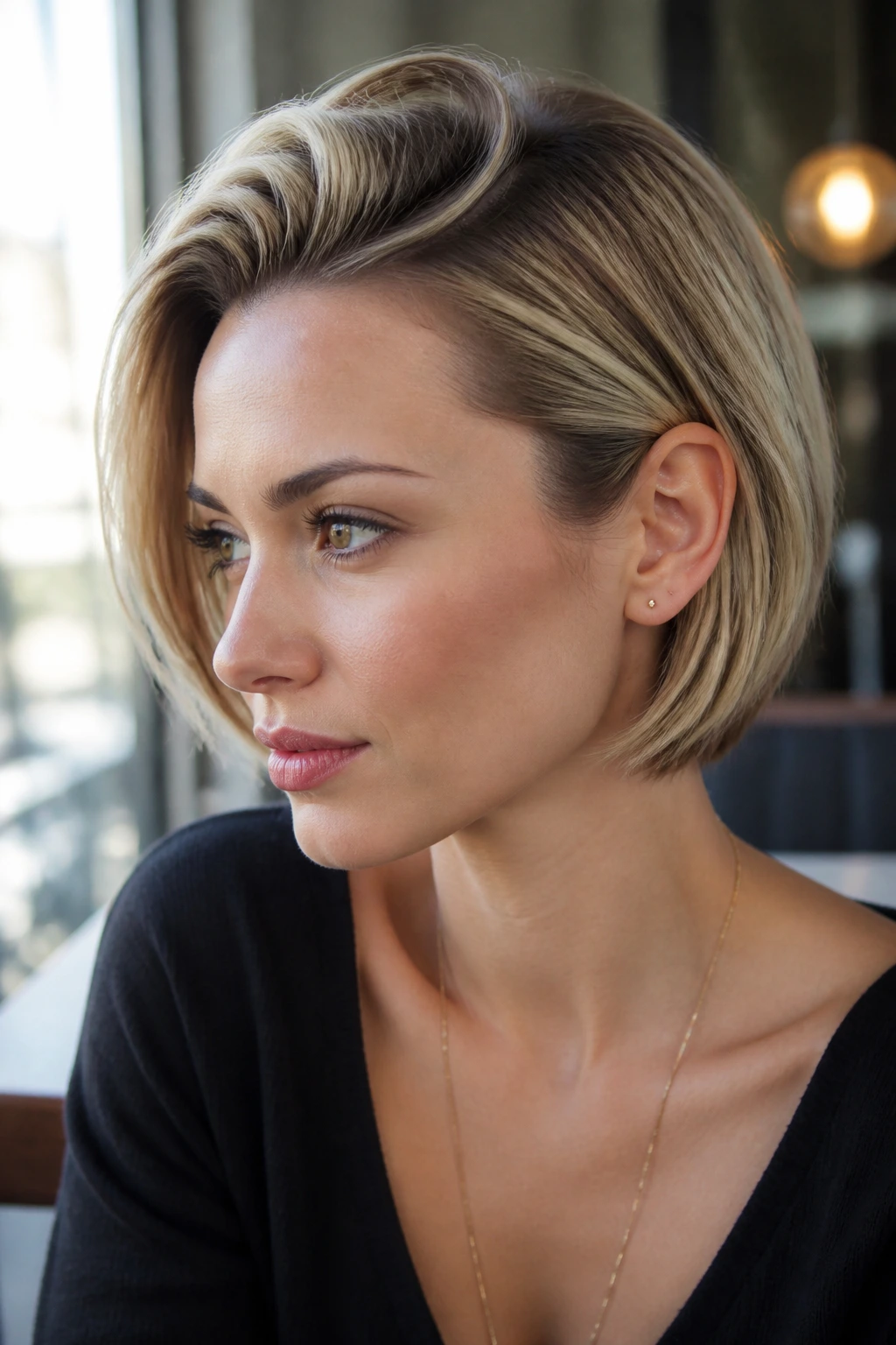 Portrait of tucked-behind-the-ear bob with lifted crown on real woman