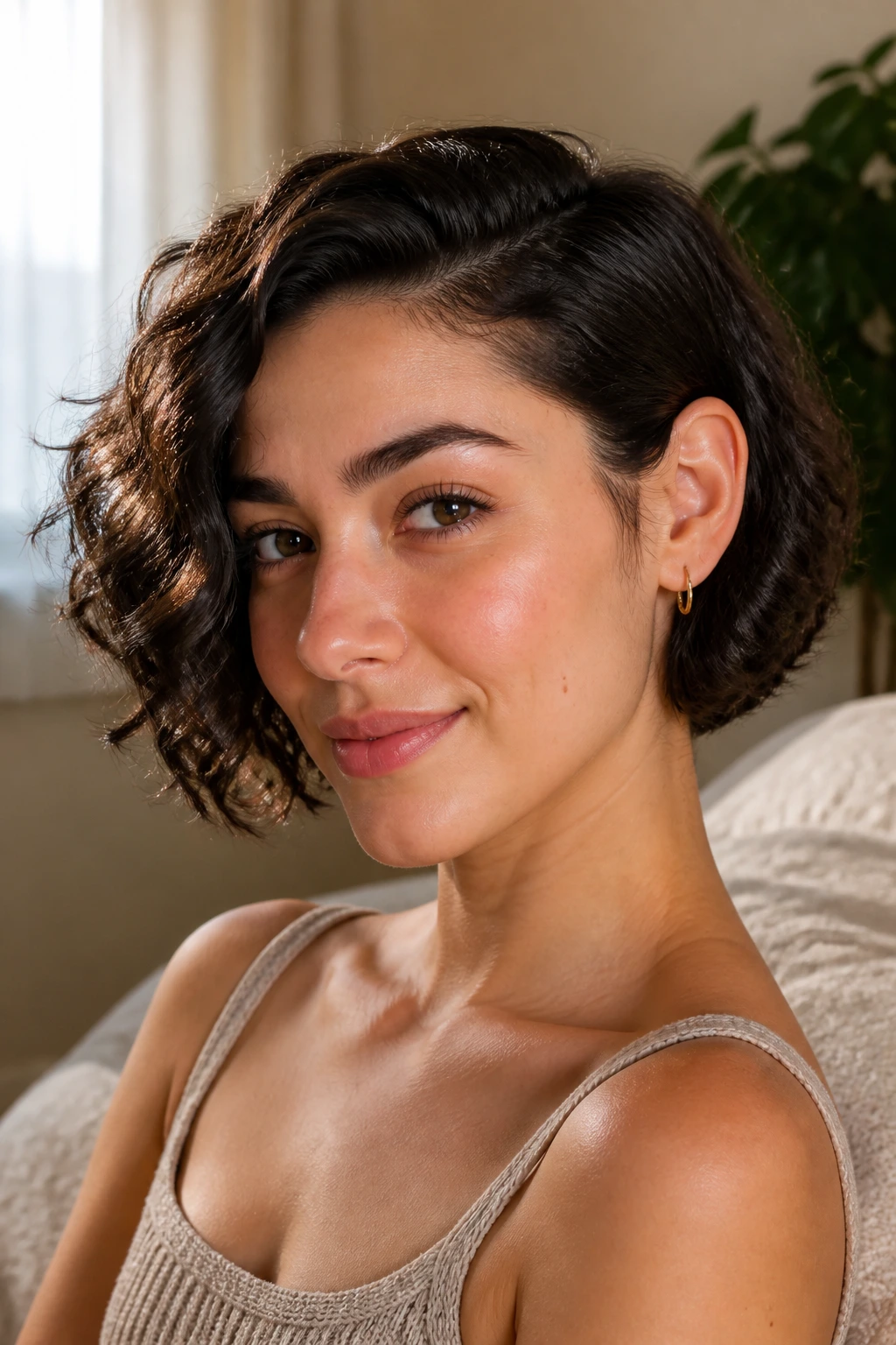Close-up of a real person with a tucked-behind-ear bob and small defined waves.