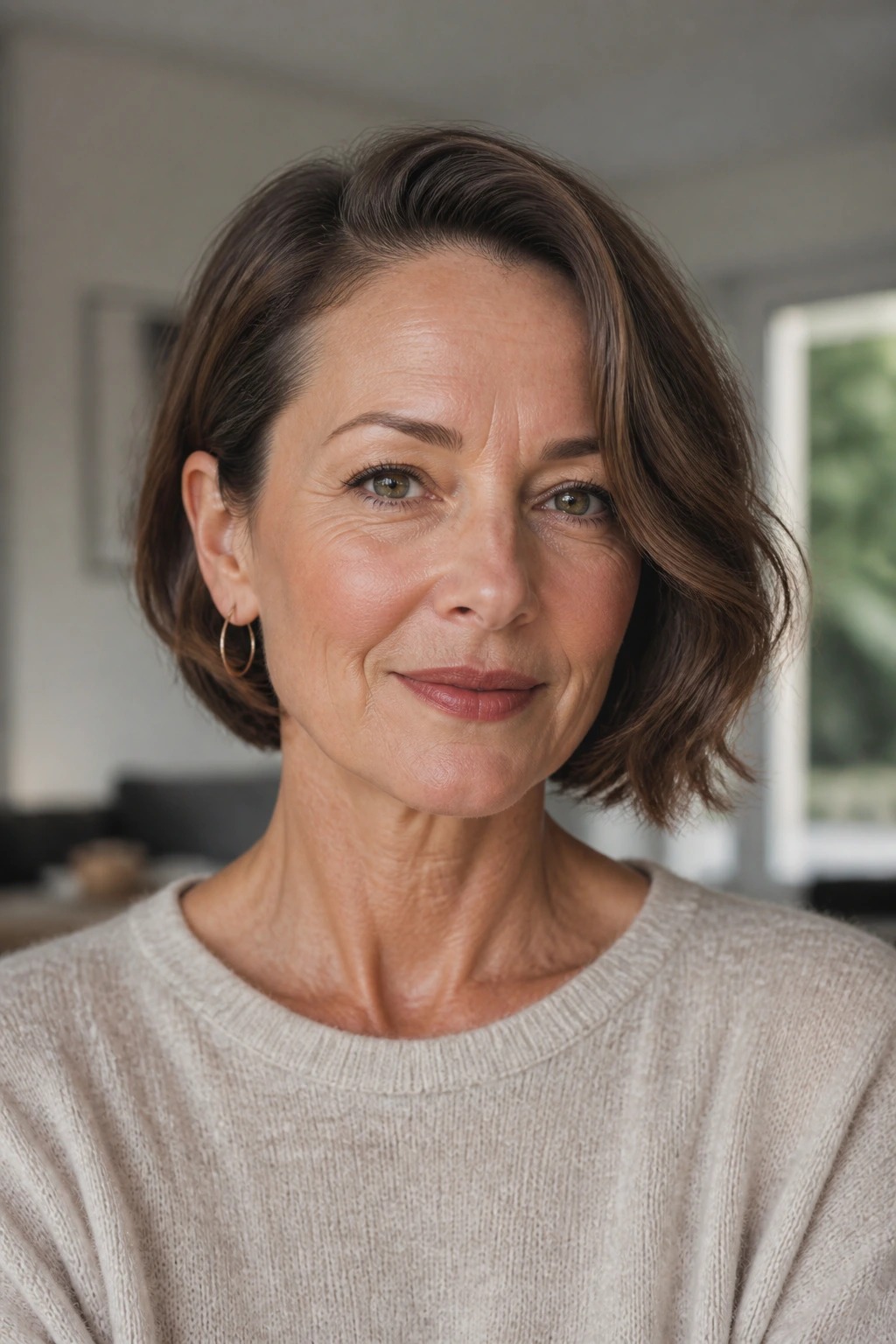 Close-up of a real woman with a tucked-behind-ear bob and a hoop earring