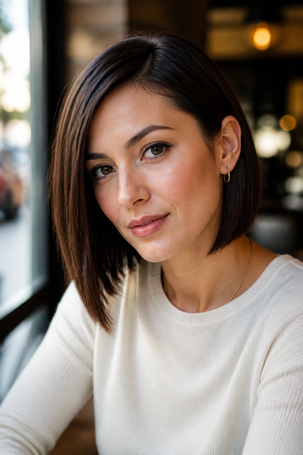 Close-up of elegant tucked-behind-ear A-line bob on a real woman