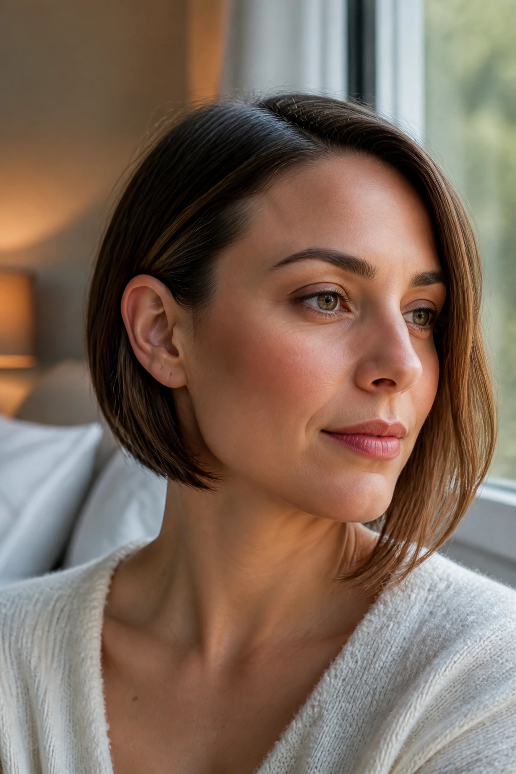 Real woman with tucked-behind-ear bob exposing jawline and diagonal face line