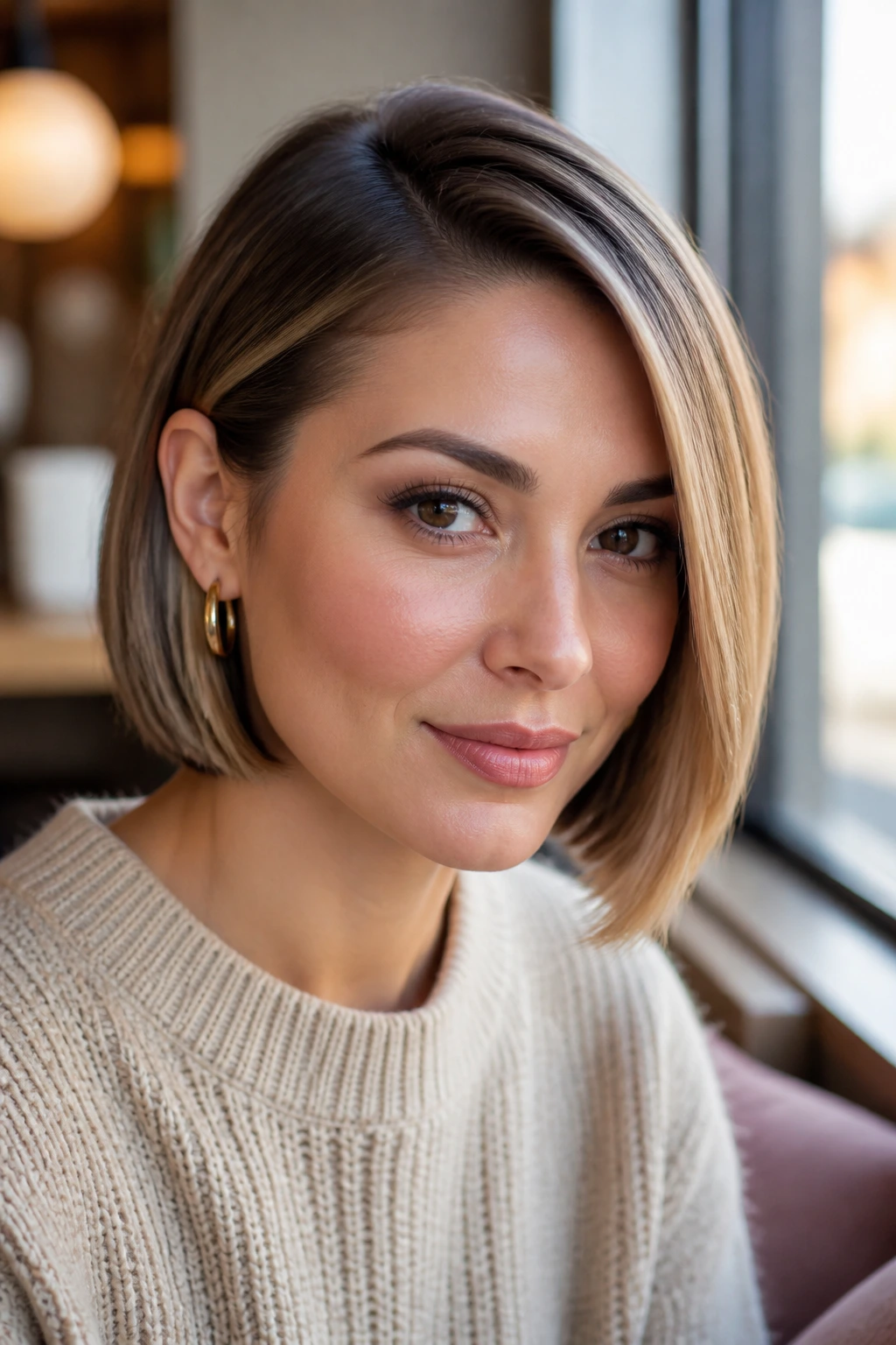 Close-up of a real woman with a tucked-behind-the-ear bob revealing a hidden-dimension money piece