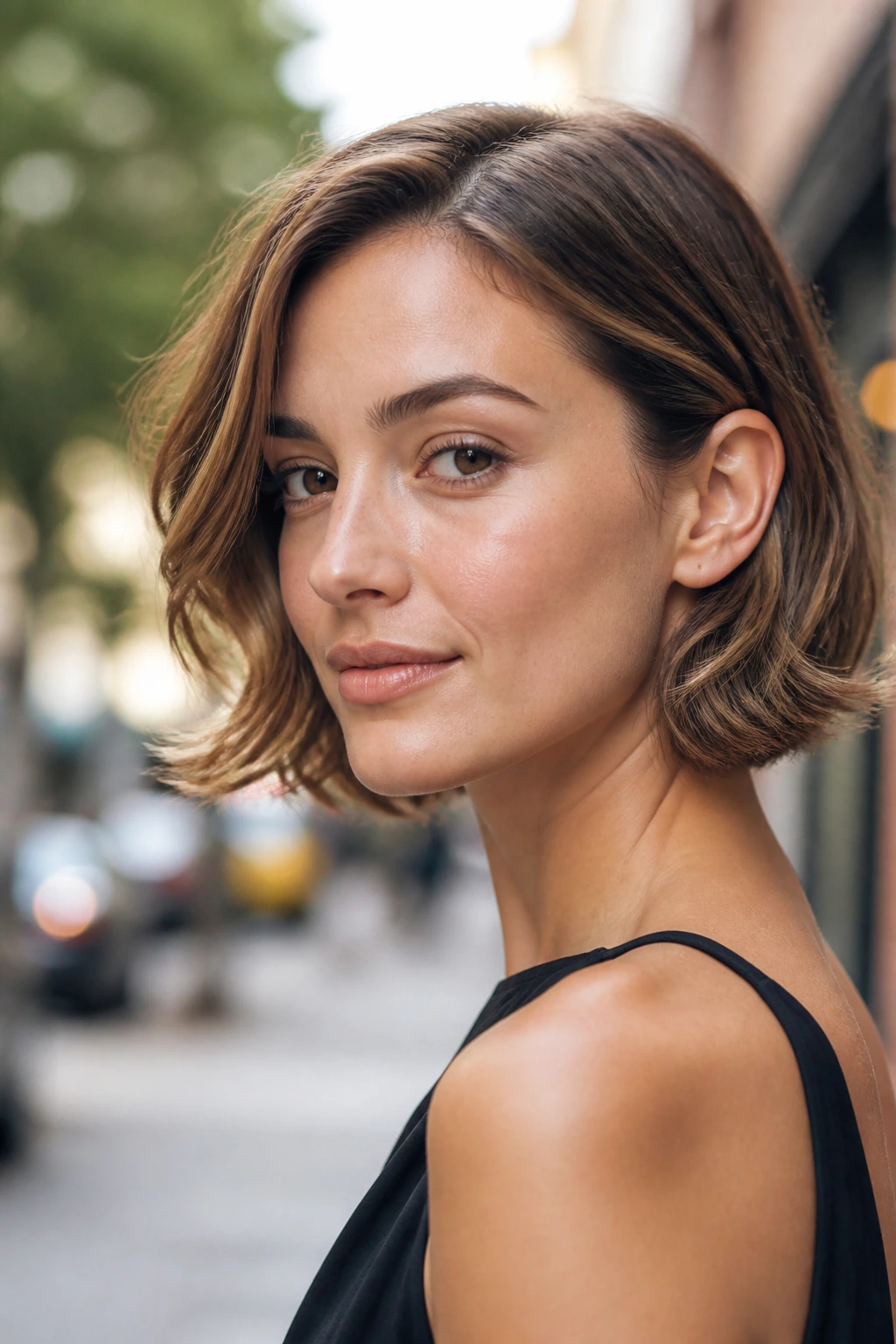 Close-up portrait of a real woman with a tucked-behind-ear bob