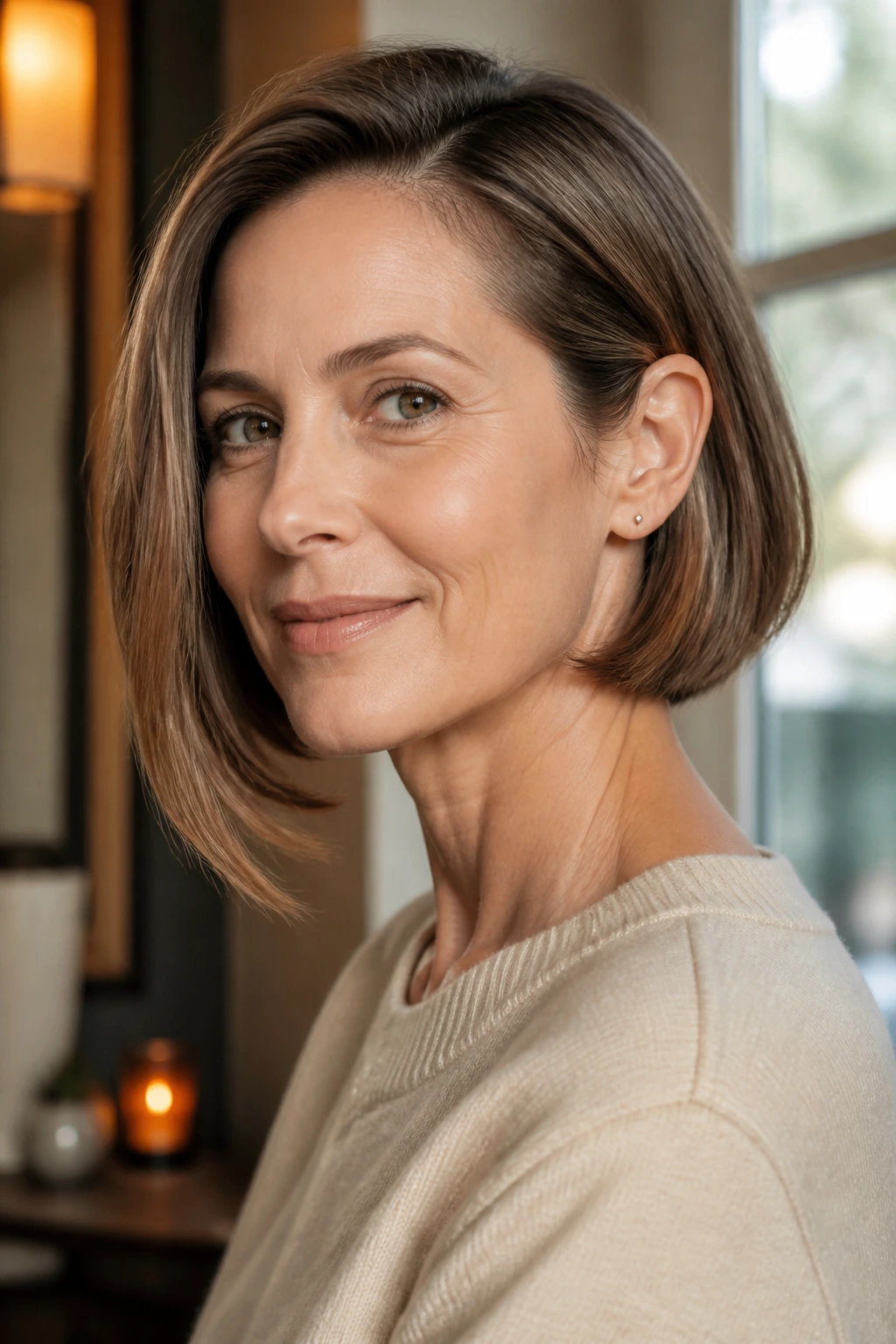 Close-up of a real woman with a tucked-behind-ear bob under warm window light