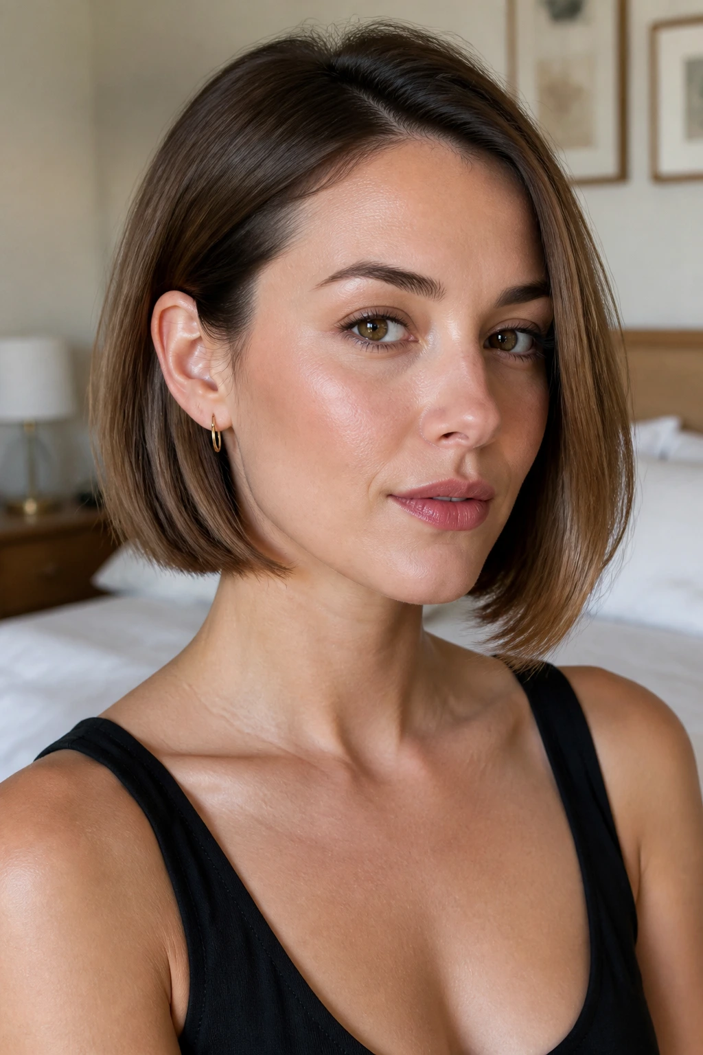 Close-up portrait of a real woman with a tucked-behind-ear bob showing cheekbone