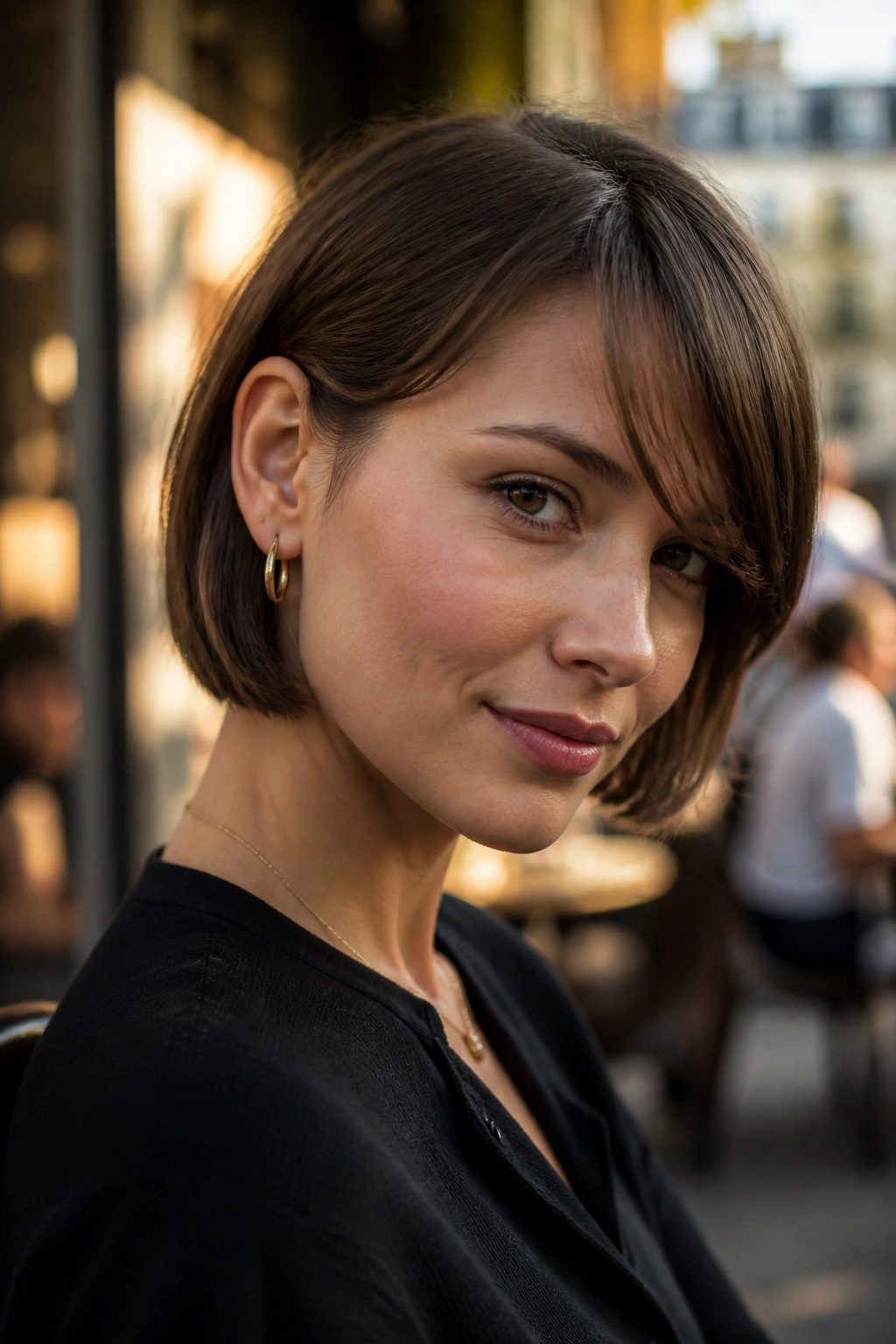 Portrait of a real person with a tucked-behind-ear bob at a street cafe during golden hour