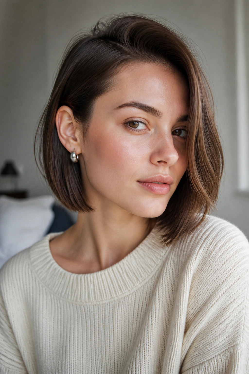 Close-up of a real person with tucked-behind-the-ear bob highlighting cheekbone.