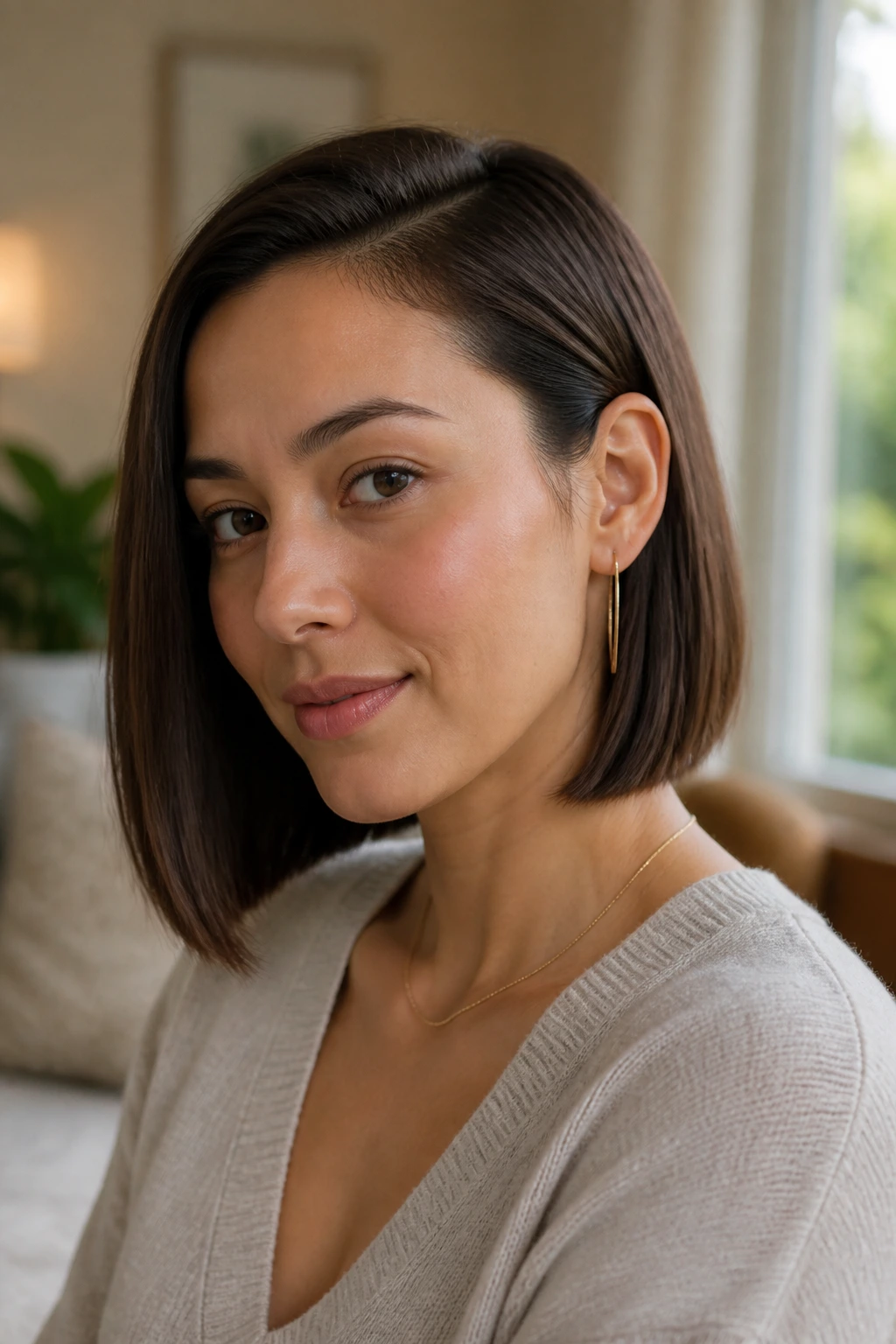 Close-up of a real person with a tucked-behind-ear bob showing a clean, sharp line