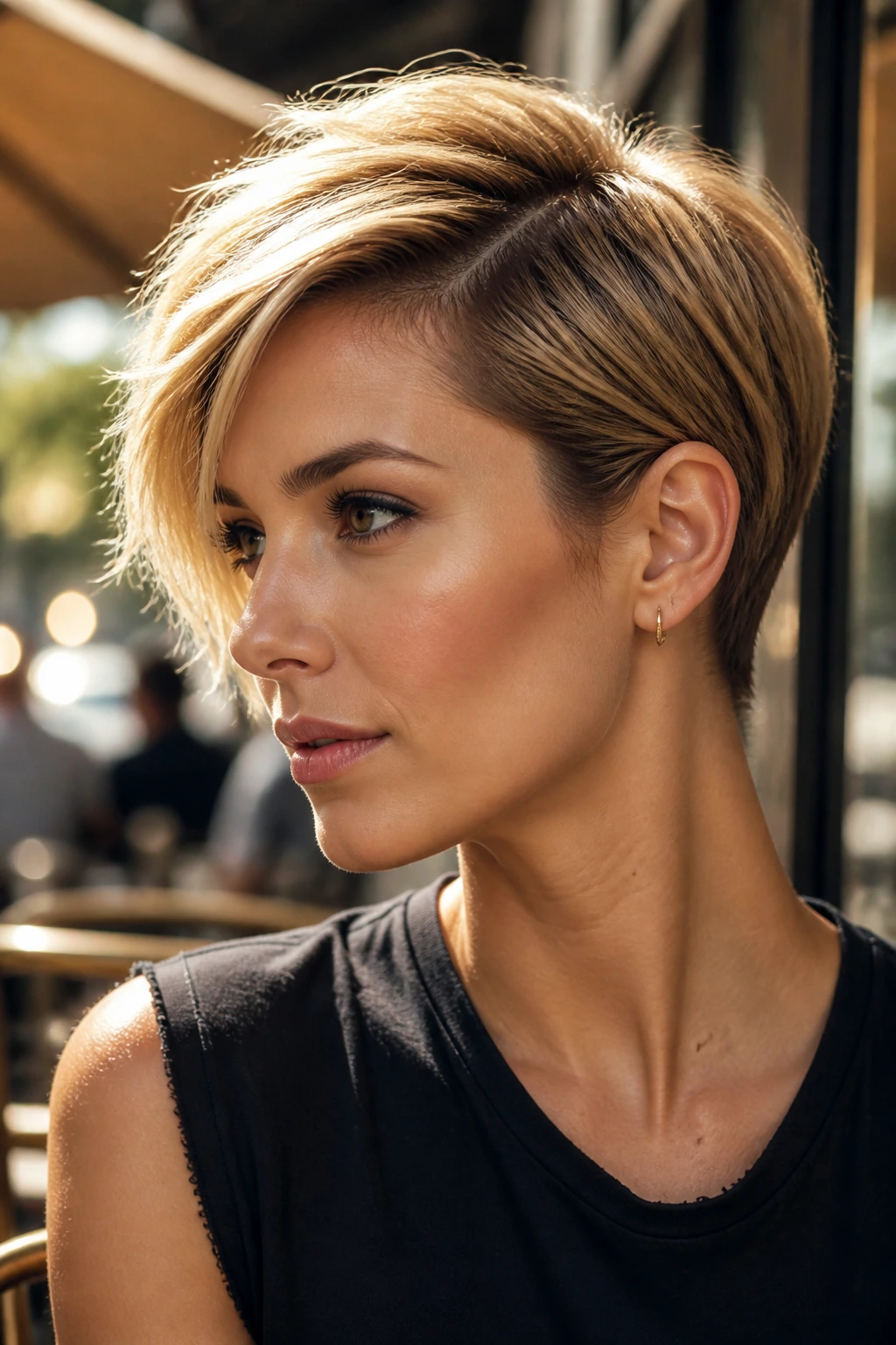 Close-up of a real woman with a tucked-behind-ear crop hairstyle in warm daylight