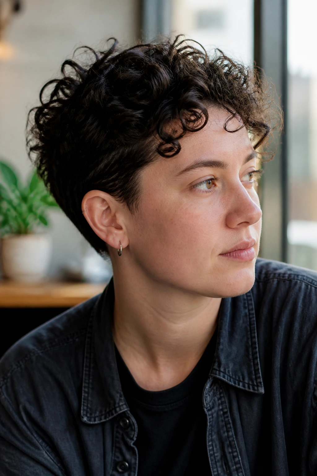 Close-up portrait of a real person with a tucked-behind-the-ear crop.