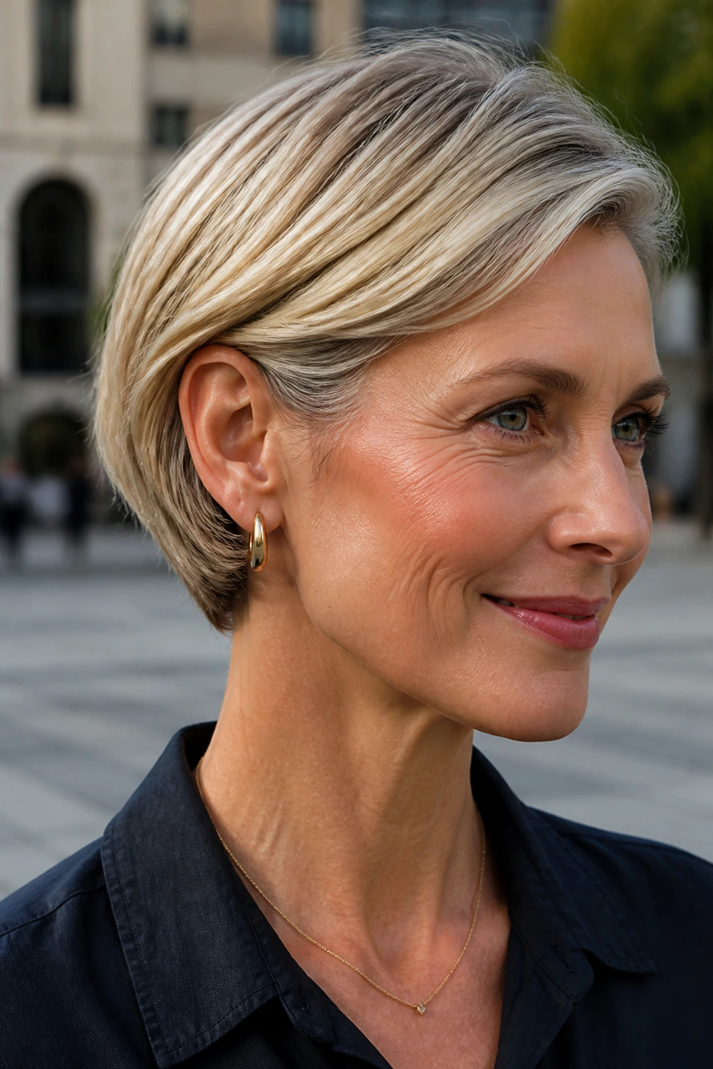Side-profile of a real woman with a tucked-behind-the-ear crop and earring in outdoor light
