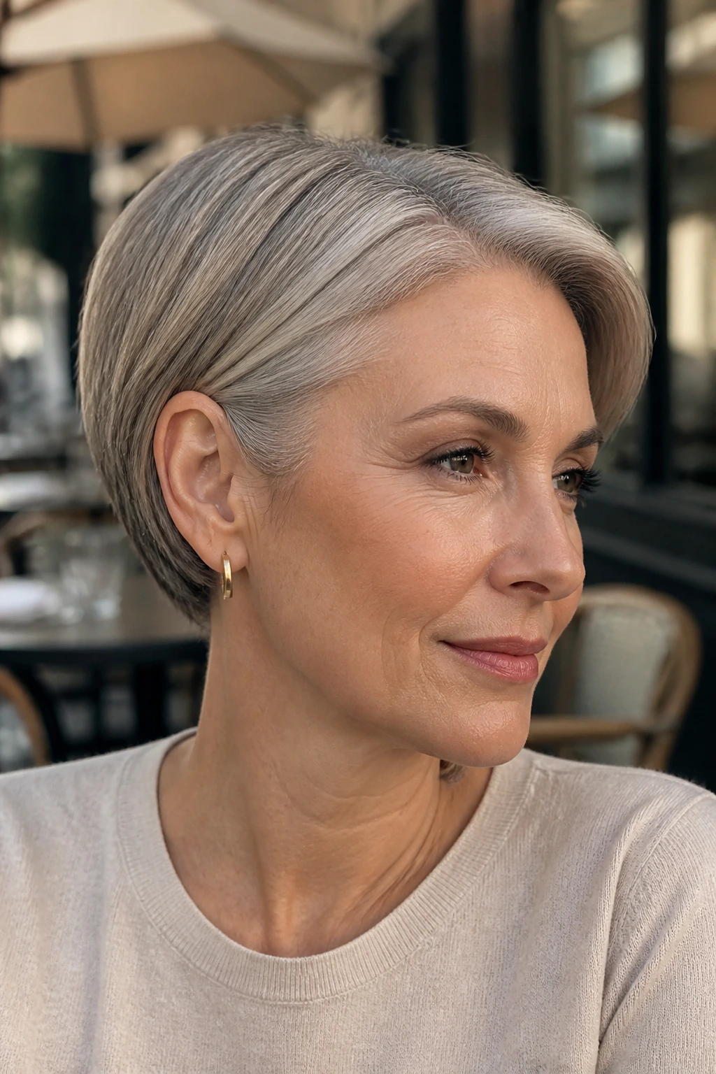 Real woman with tucked-behind-ear crop in warm pewter tone