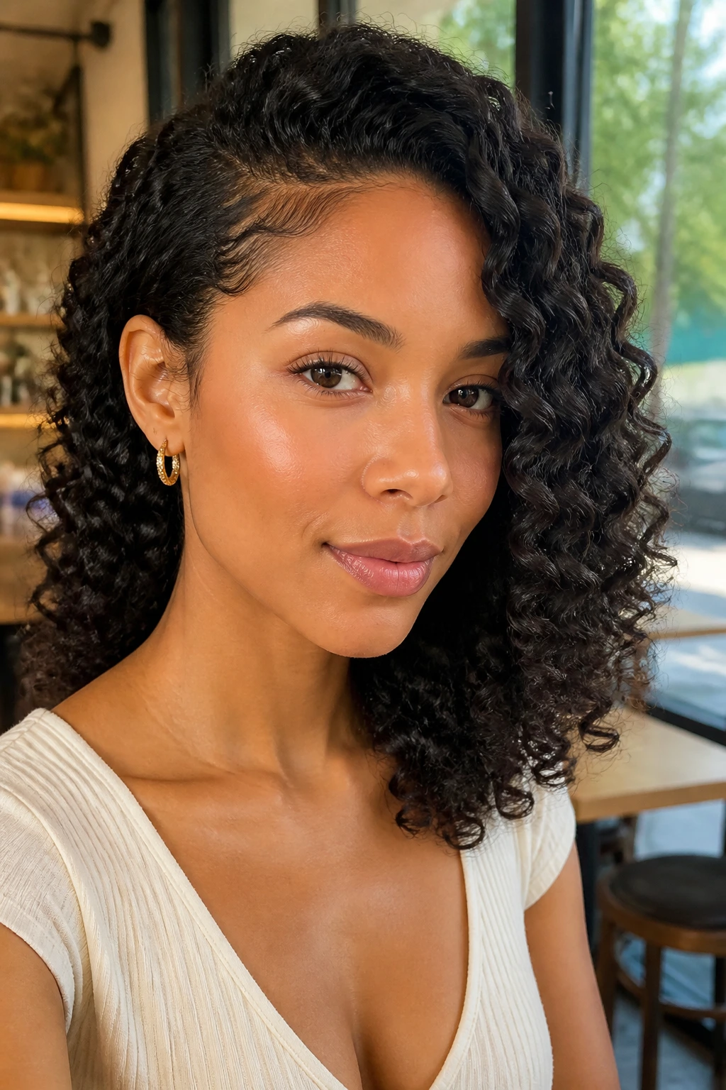 Close-up of real woman with tucked-behind-the-ear wand curls, one side tucked behind the ear