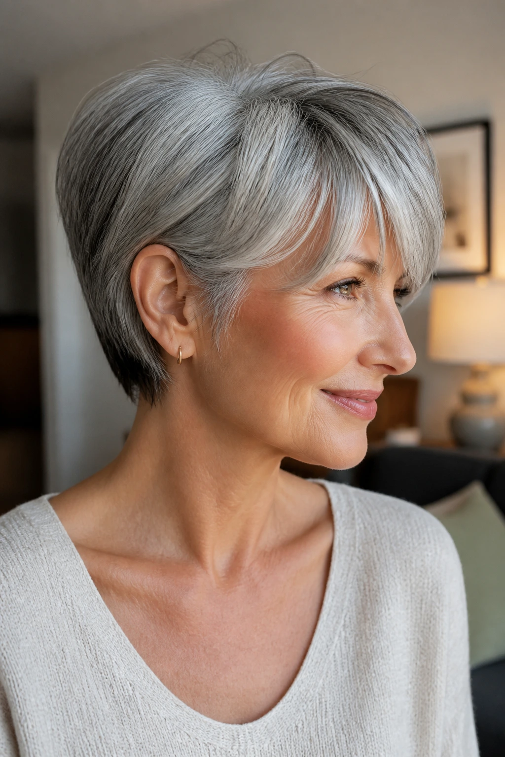 Close-up of gray-haired woman with tucked-behind-ear crop and soft fringe.