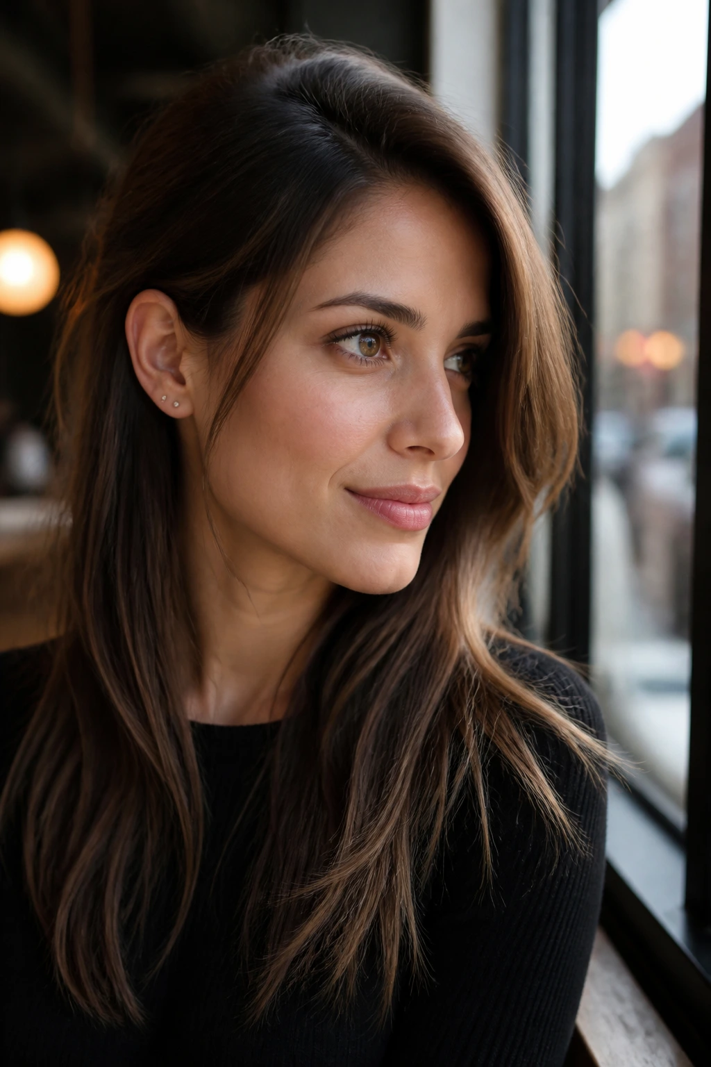 Close-up of a real woman with a face-framing front piece tucked behind the ear.