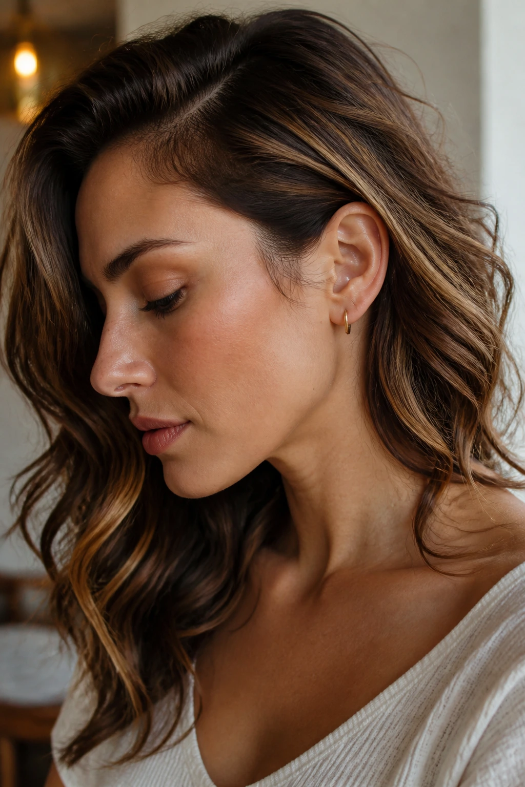 Close-up of a woman with tucked-behind-ear waves showing interior lowlights in the underlayer