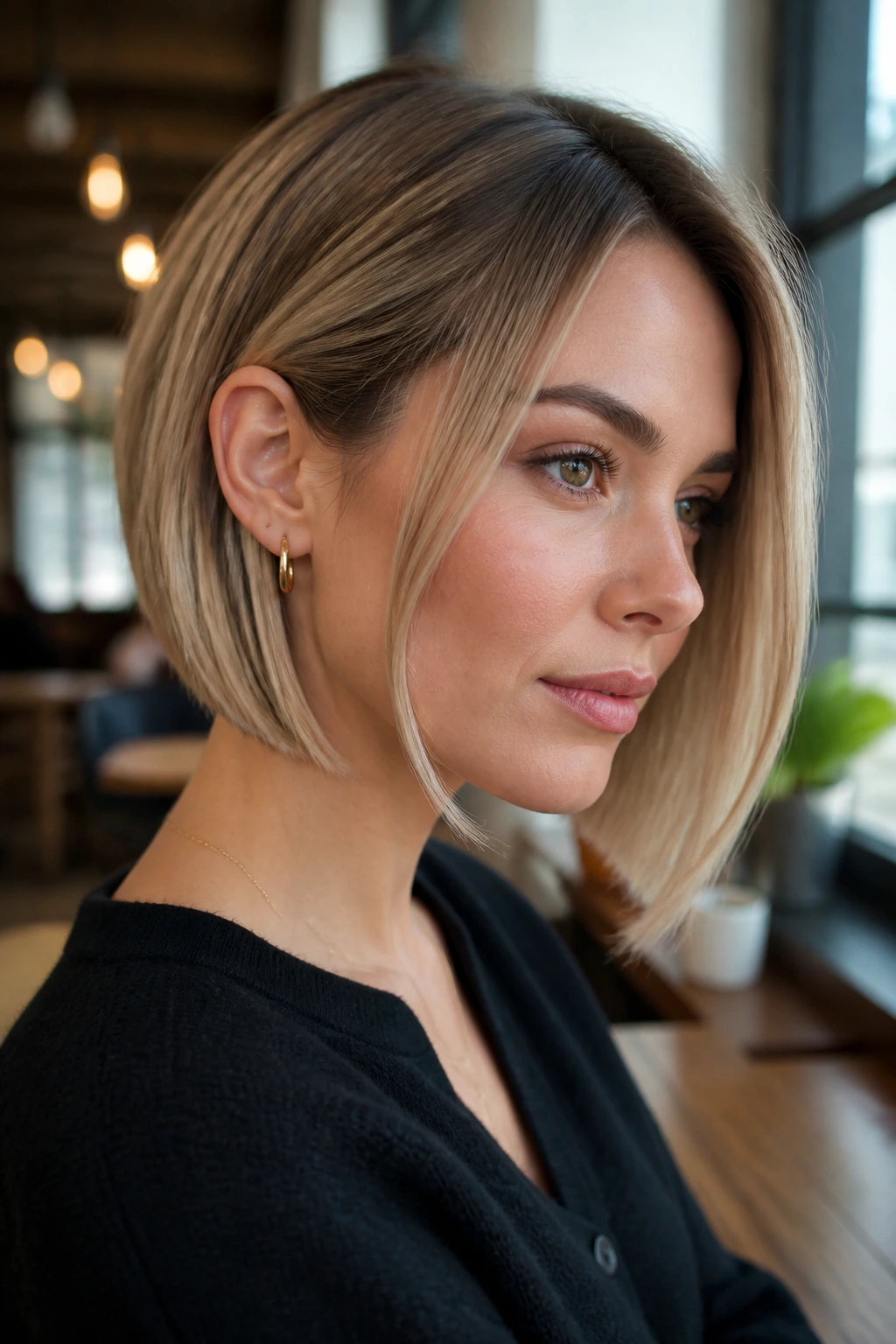 Close-up portrait of a real woman with tucked-behind-ear inverted bob showing face frame