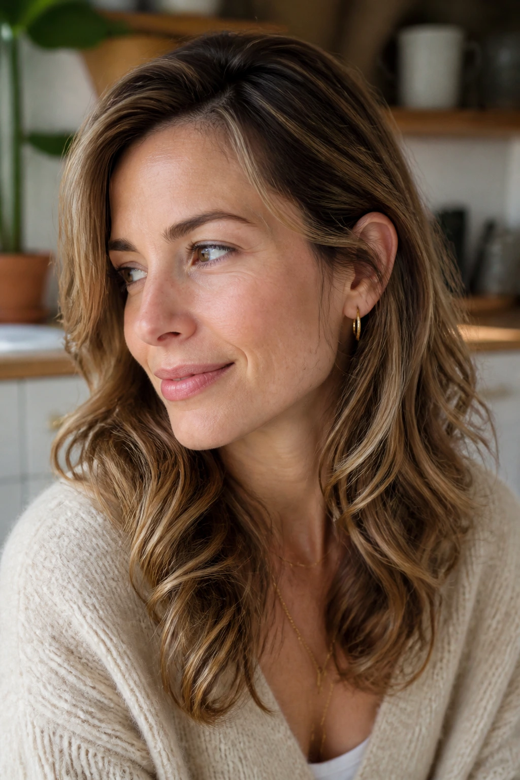Close-up portrait of a real woman with tucked-behind-the-ear layers
