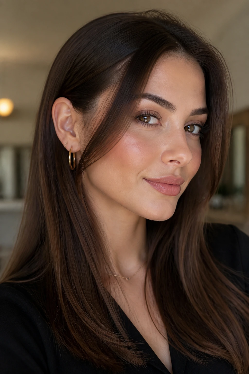 Portrait of woman with front layers tucked behind ear