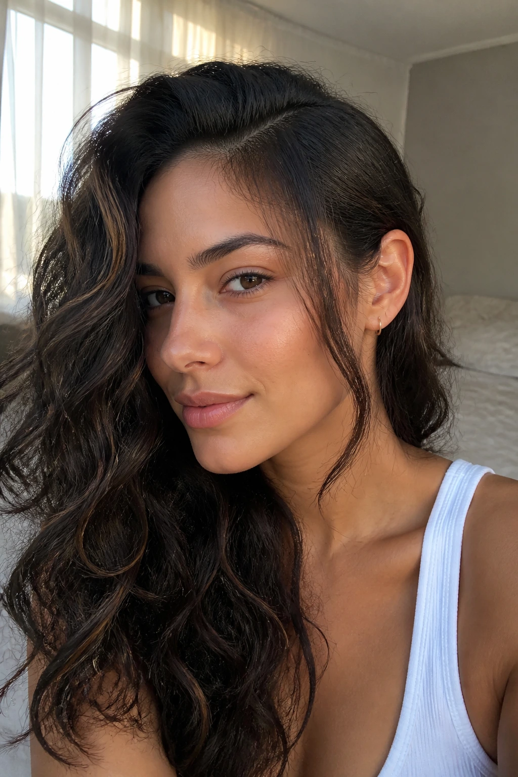 Portrait of a woman with tucked-behind-ear layered hairstyle