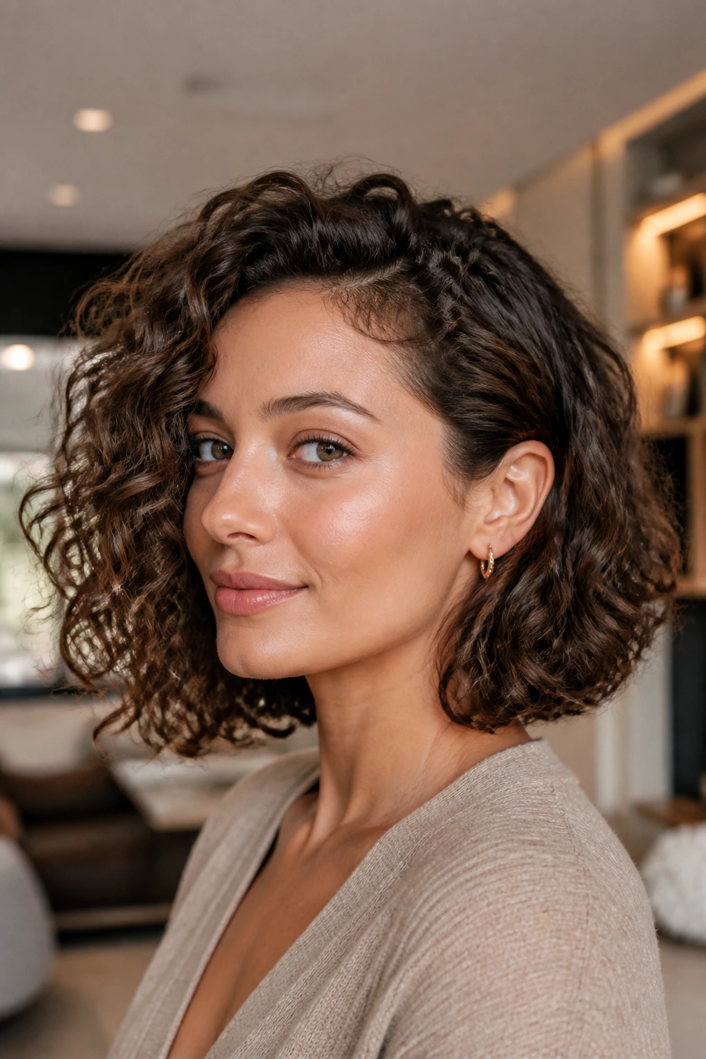 Close-up portrait of a real woman with tucked-behind-ear lob and weighted bottom in a chic interior.