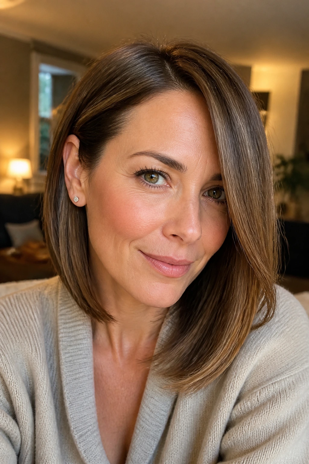 Close-up of a real woman with one side tucked behind the ear and a long front sweep