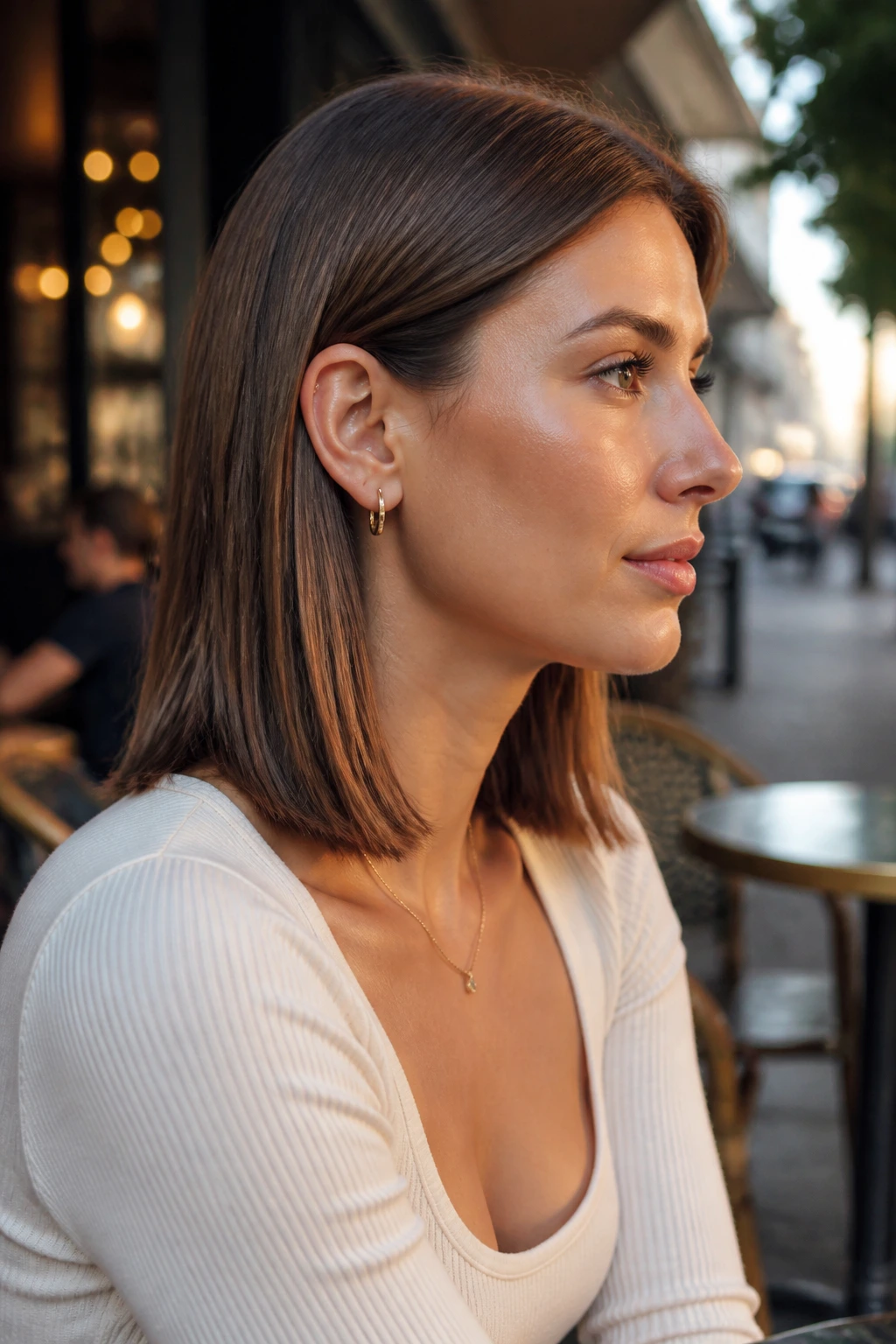 Side profile of a woman with a tucked-behind-the-ears lob
